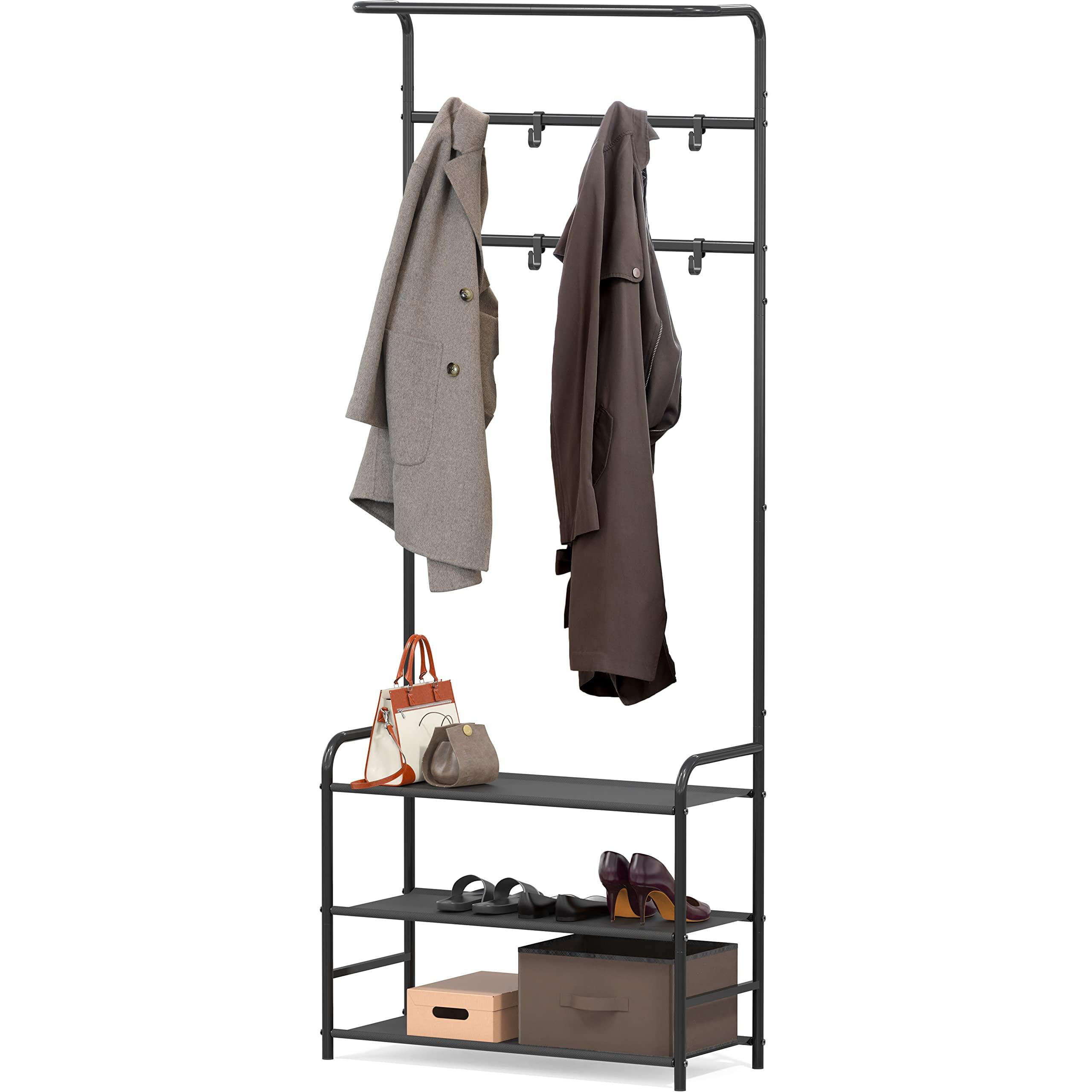 Black Metal Freestanding Coat Rack with Storage Shelves