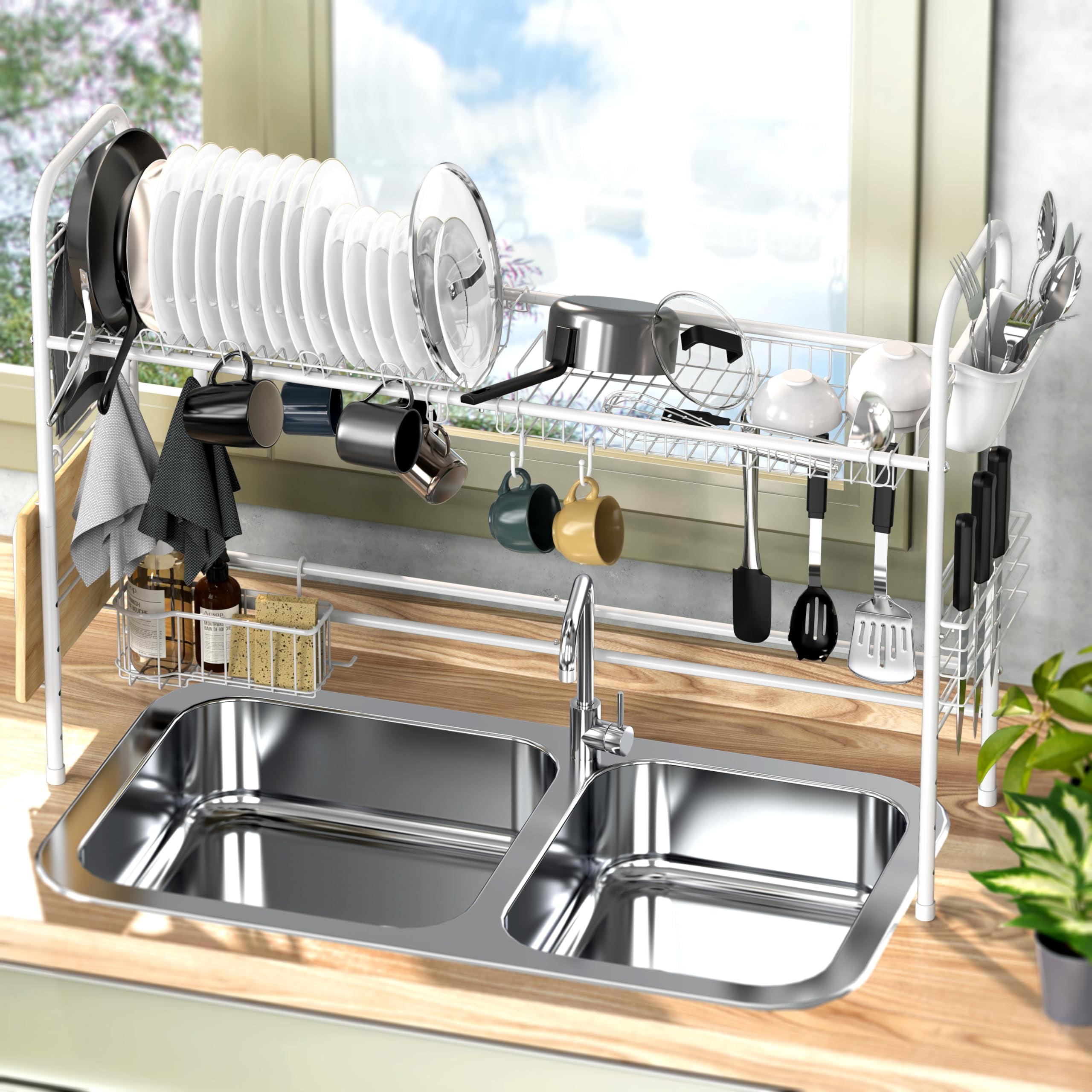 White Metal Over-the-Sink Dish Drying Rack with Hooks