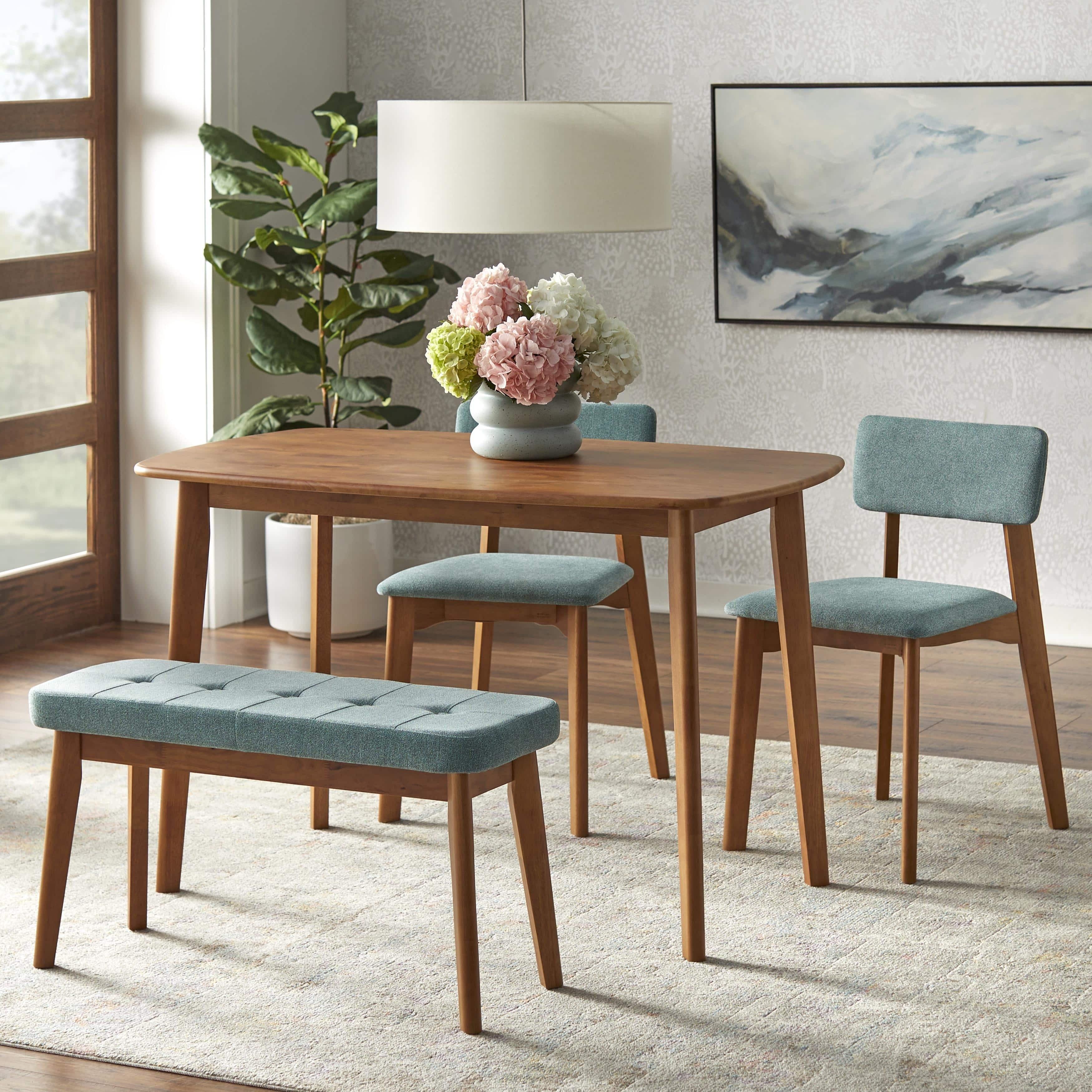 4pc Nettie Mid-Century Modern Dining Set with Bench Walnut/Teal - Buylateral, image size:3500x3500