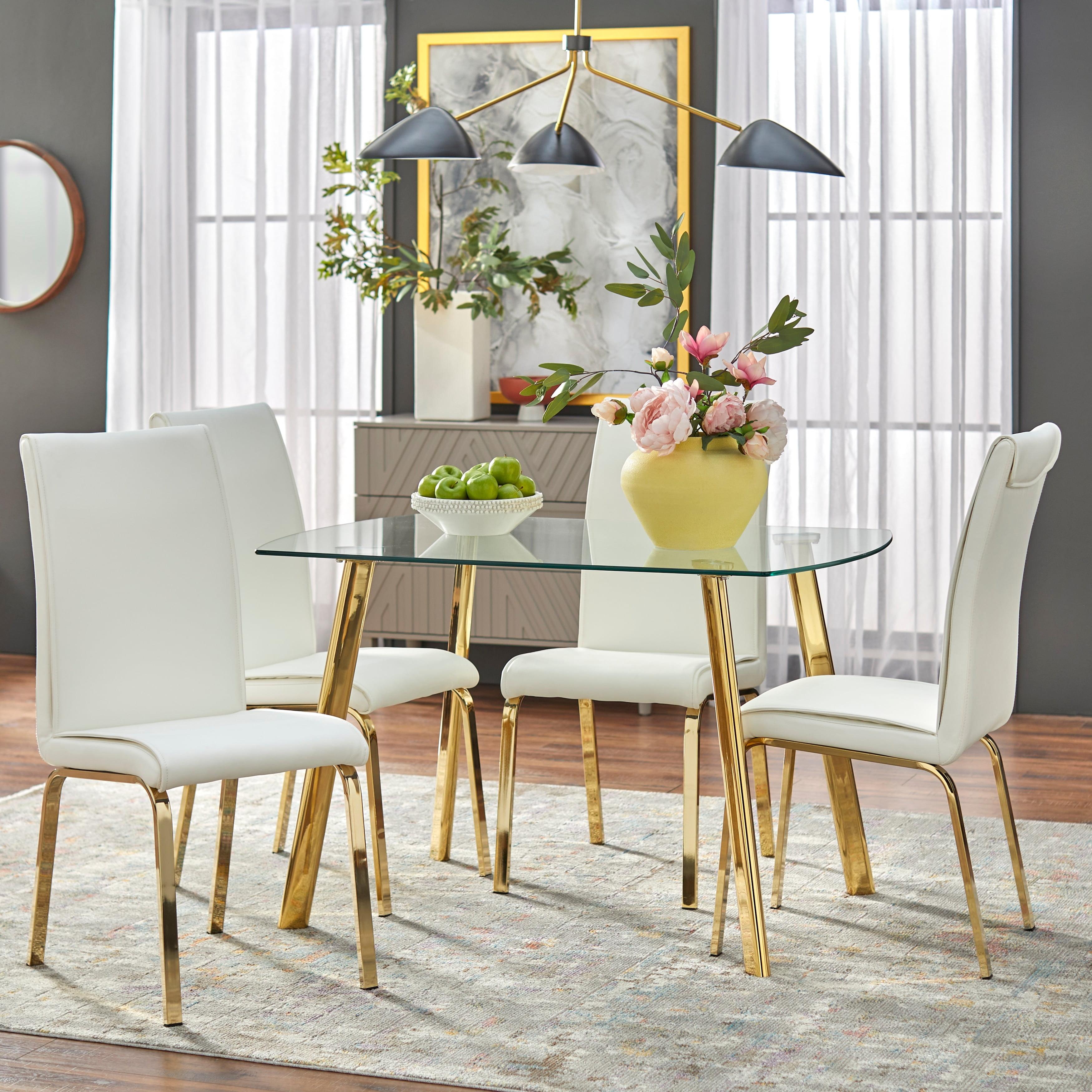 White Faux Leather and Gold 5-Piece Dining Set with Glass Top