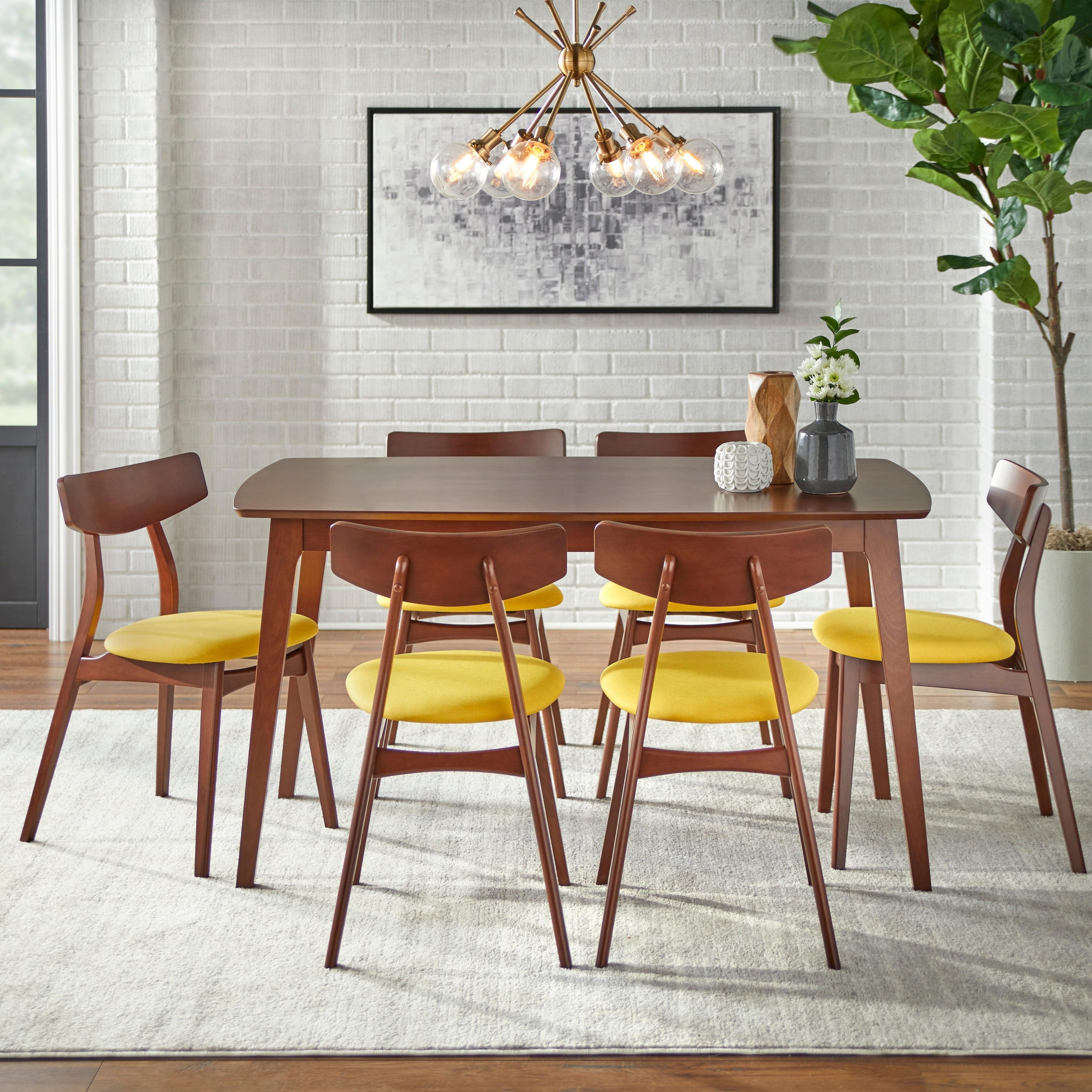 7pc Archer Rectangular Dining Set Walnut/Yellow - Buylateral: Mid-Century Modern, Polyester Upholstery, Wood Frame