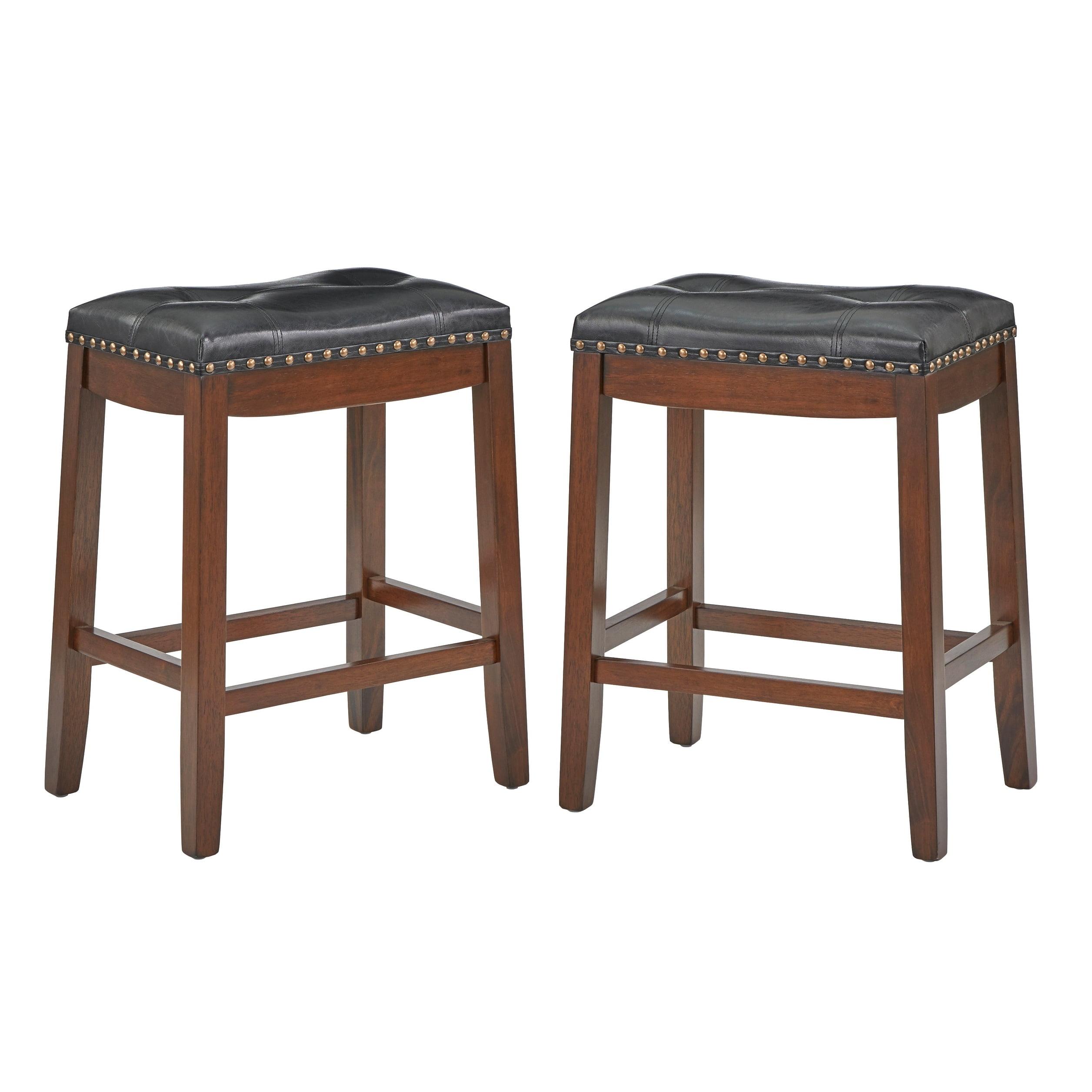 Walnut Finish Black Vegan Leather Saddle Style Stools, 24-Inch