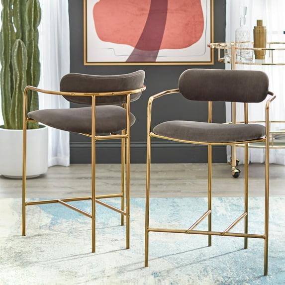 Buylateral 24" Set of 2 Retro Velvet Counter Height Barstools Gray: Gold Frame, Padded Back
