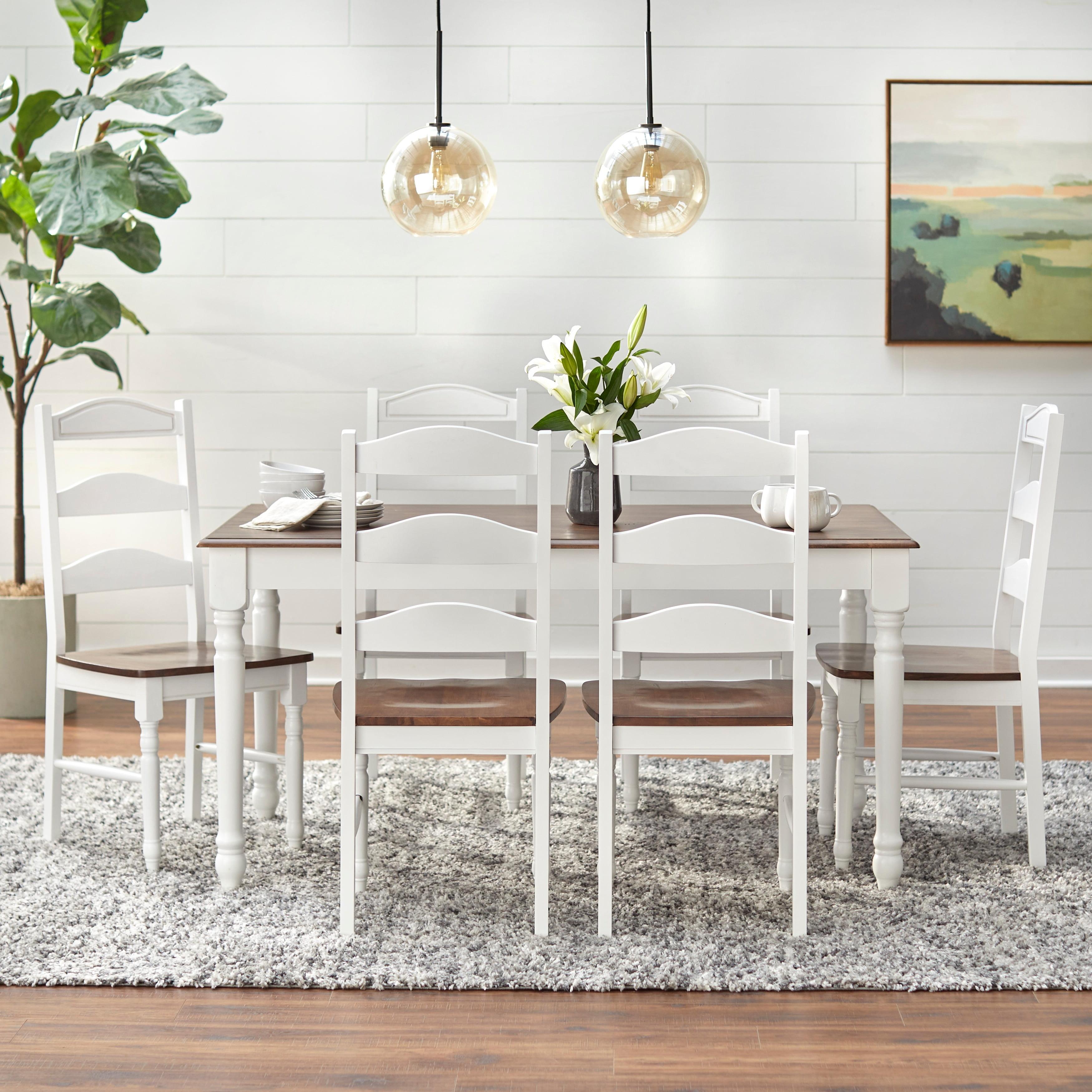 Buylateral 7Pc Skipton Dining Set White/Walnut: Rectangle Table, 6 Wood Chairs, Rubberwood Frame