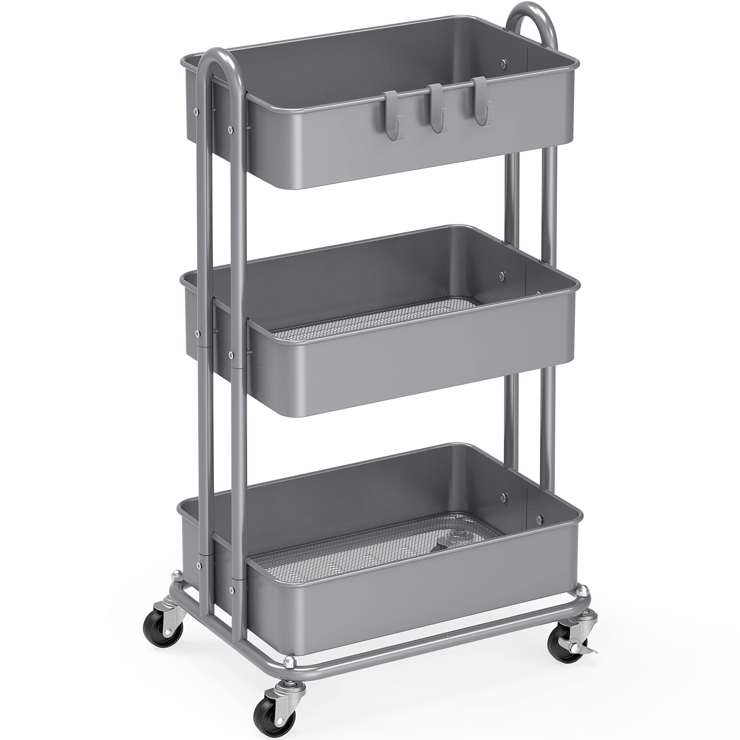 Silver 3-Tier Metal Utility Rolling Cart with Swivel Wheels