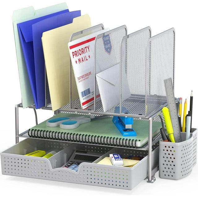Simple Houseware Mesh Desk Organizer with Sliding Drawer, Double Tray and 5 Upright Sections, Silver