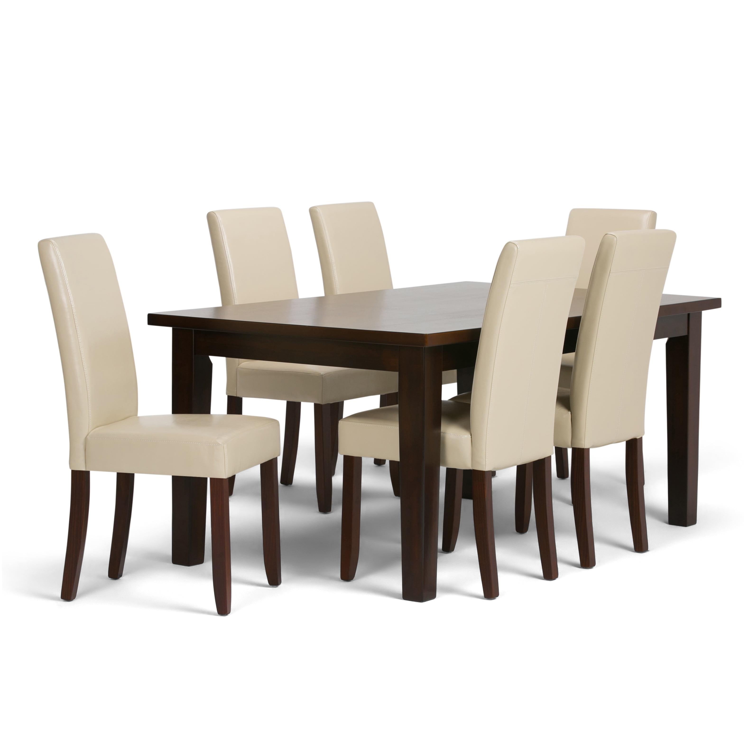 Simpli Home Acadian 7-Piece Dining Set with Solid Hardwood Table and 6 High-Back Upholstered Chairs