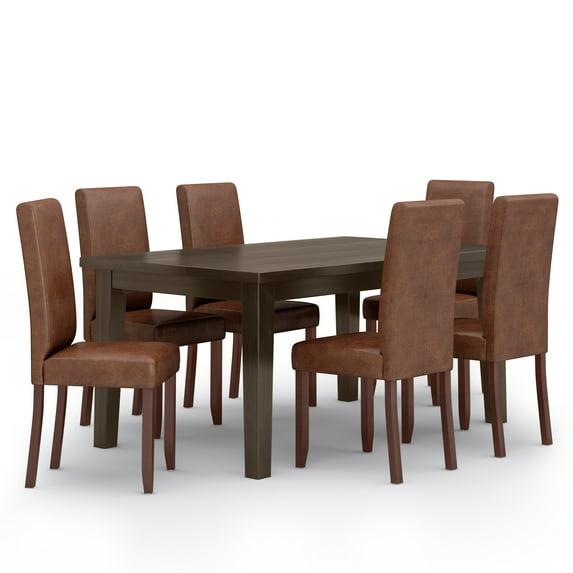 Simpli Home Acadian 7-Piece Dining Set with Solid Hardwood Table and 6 High-Back Upholstered Chairs