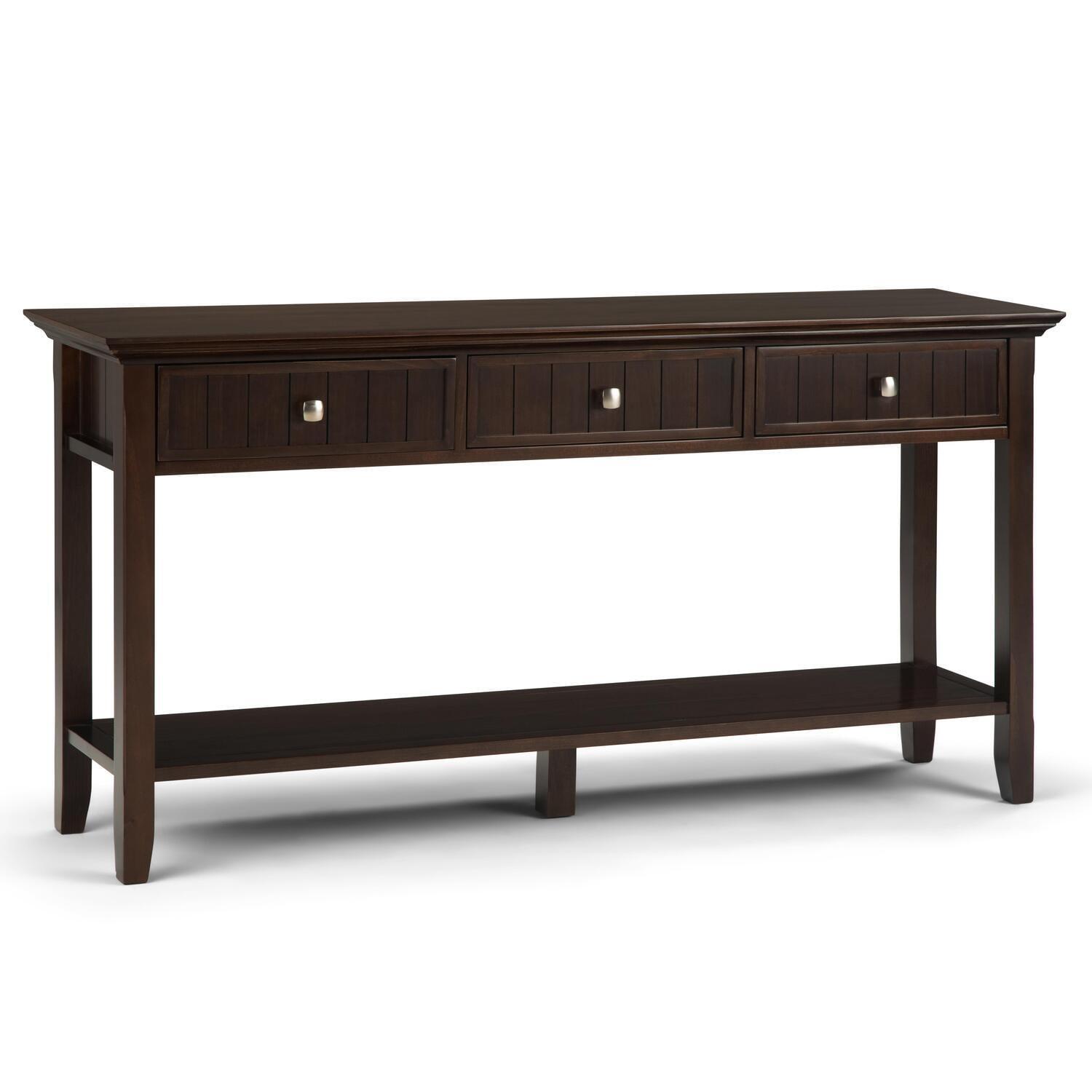 Simpli Home Acadian 60"W Solid Wood Wide Storage Console Table in Brunette Brown with Three Drawers and Open Shelf