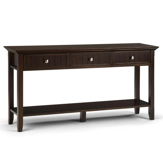 Simpli Home Acadian 60"W Solid Wood Wide Storage Console Table in Brunette Brown with Three Drawers and Open Shelf