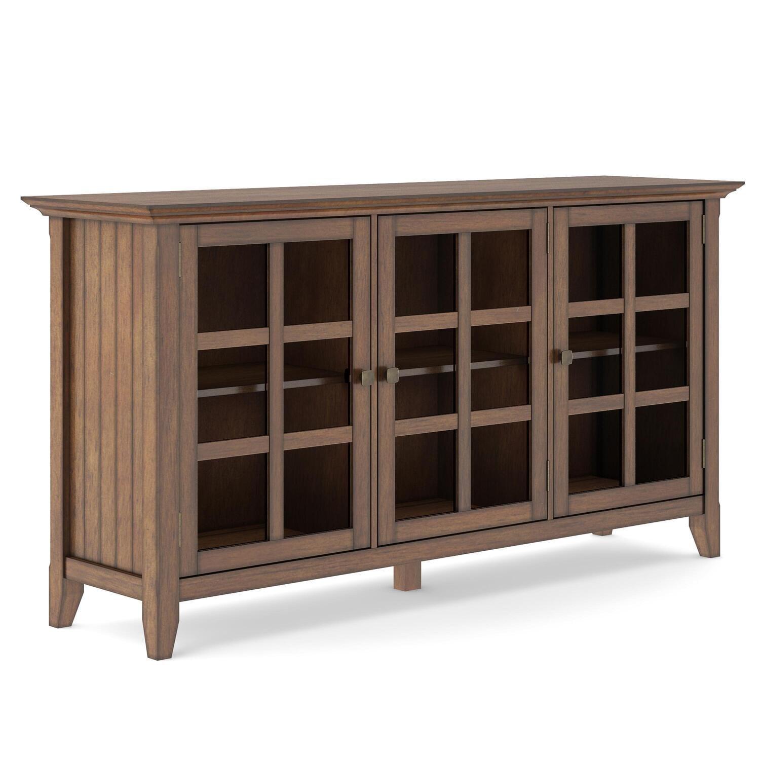 Simpli Home Acadian 62"W Solid Wood 3-Shelf Storage Cabinet with Tempered Glass Doors and Adjustable Shelves