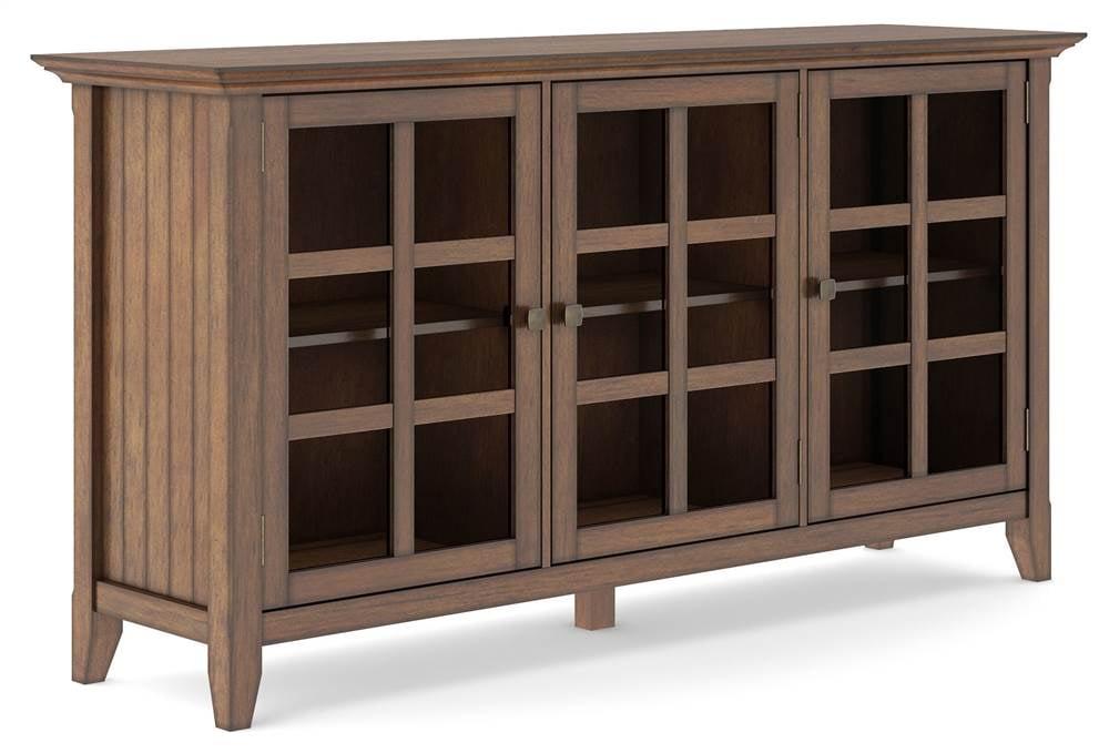 Simpli Home Acadian 62"W Solid Wood 3-Shelf Storage Cabinet with Tempered Glass Doors and Adjustable Shelves
