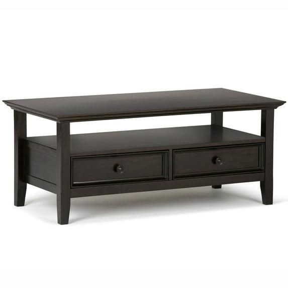 Simpli Home Amherst 44"W Solid Wood Transitional Coffee Table with Open Shelf and 2 Drawers