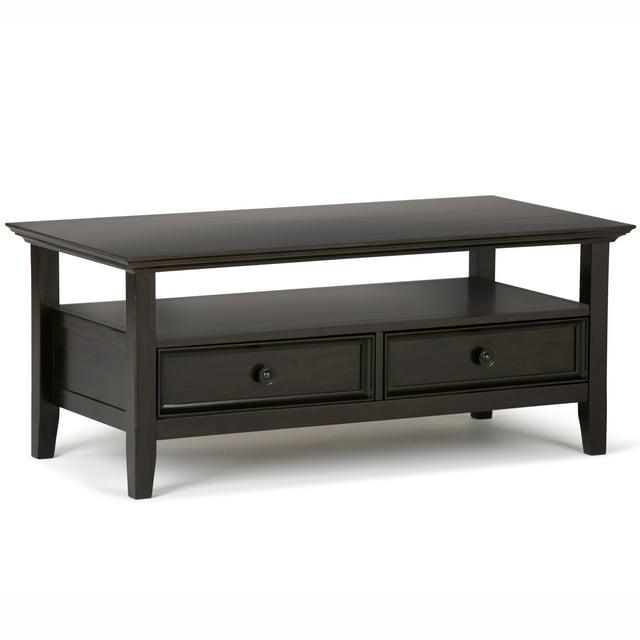 Simpli Home Amherst 44"W Solid Wood Transitional Coffee Table with Open Shelf and 2 Drawers