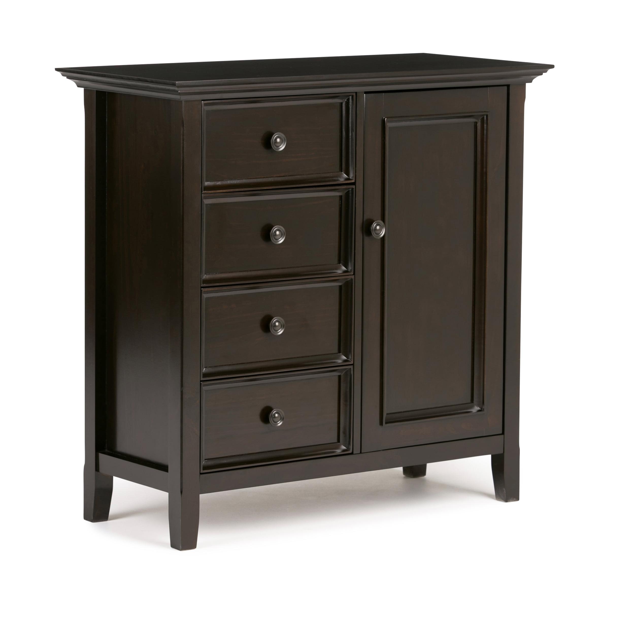 Simpli Home Amherst 32"W Solid Wood 2-Shelf Low Storage Cabinet with Adjustable Shelves and Tapered Legs