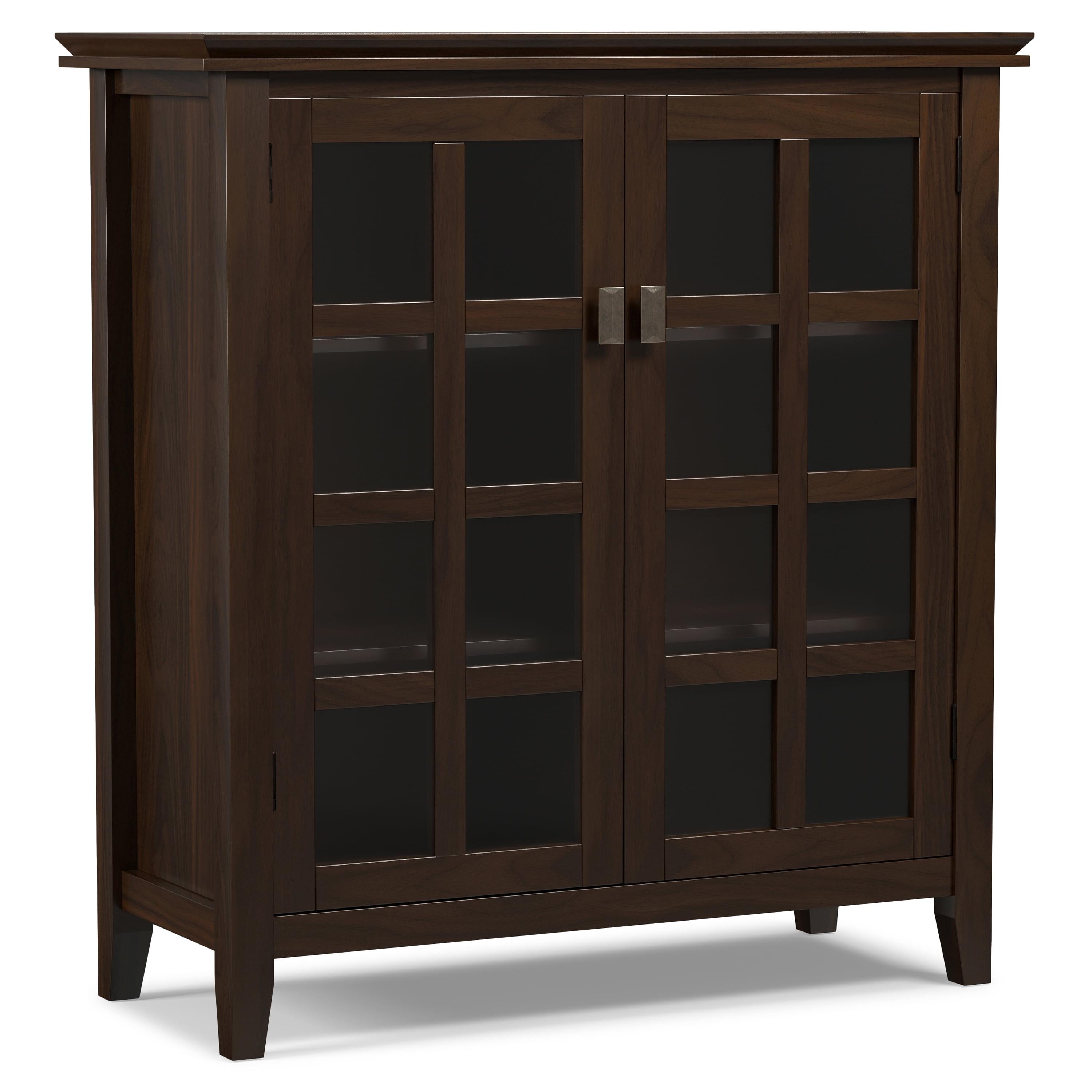 Simpli Home Artisan 38"W Solid Wood 4-Shelf Medium Storage Cabinet with Glass Doors and Adjustable Shelves