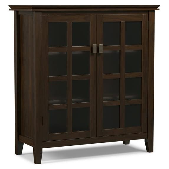 Simpli Home Artisan 38"W Solid Wood 4-Shelf Medium Storage Cabinet with Glass Doors and Adjustable Shelves