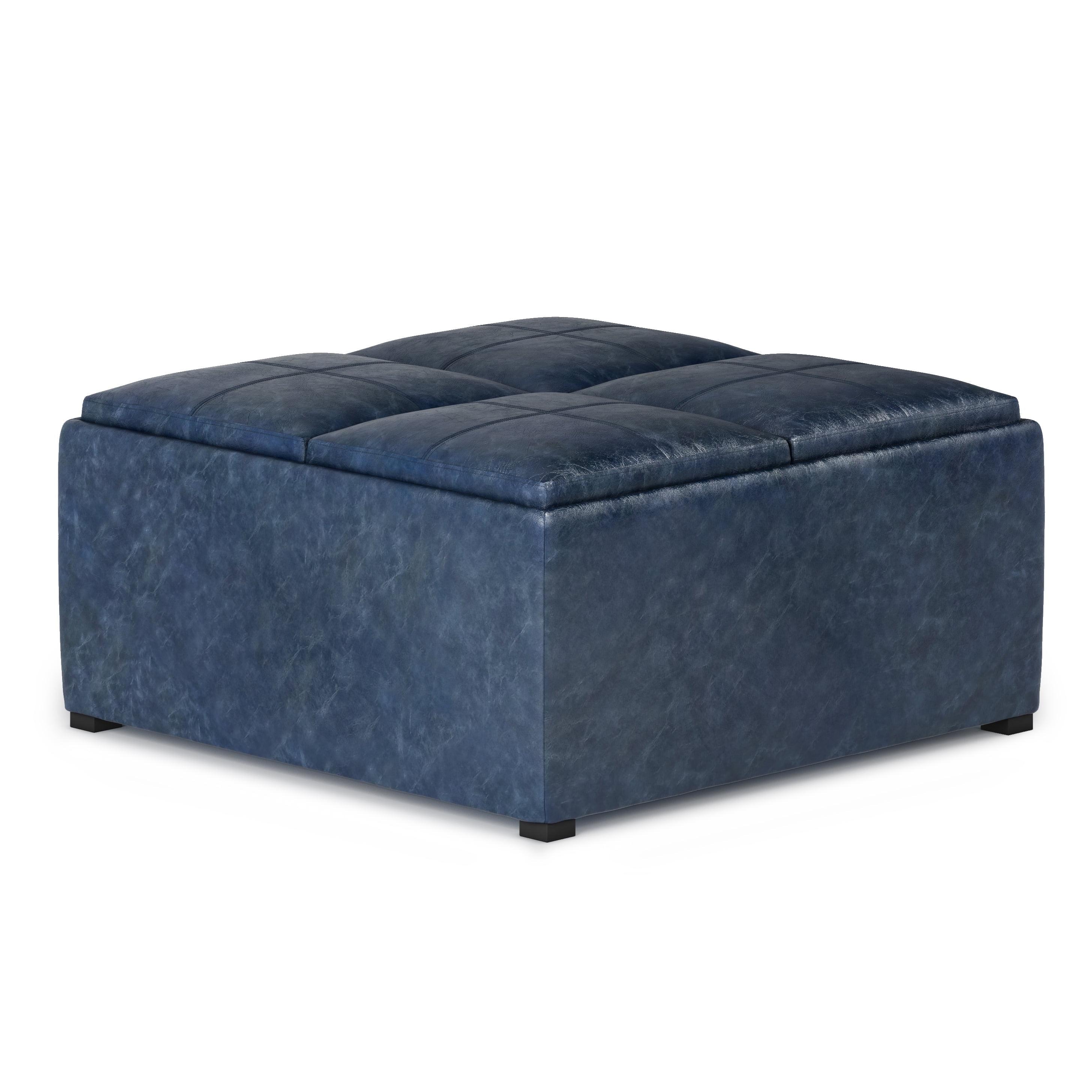 Simpli Home Avalon 35" Faux Leather Square Storage Ottoman in Denim Blue