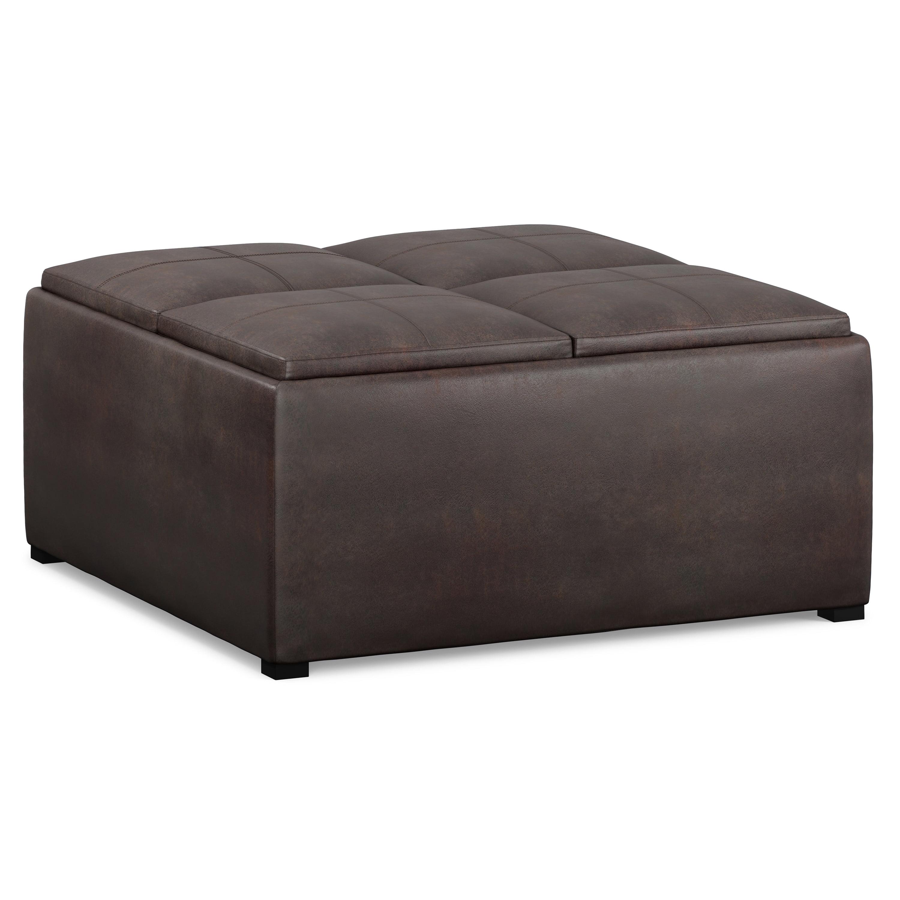 Simpli Home Avalon 35"W Upholstered Square Coffee Table Storage Ottoman with Flip-Over Trays