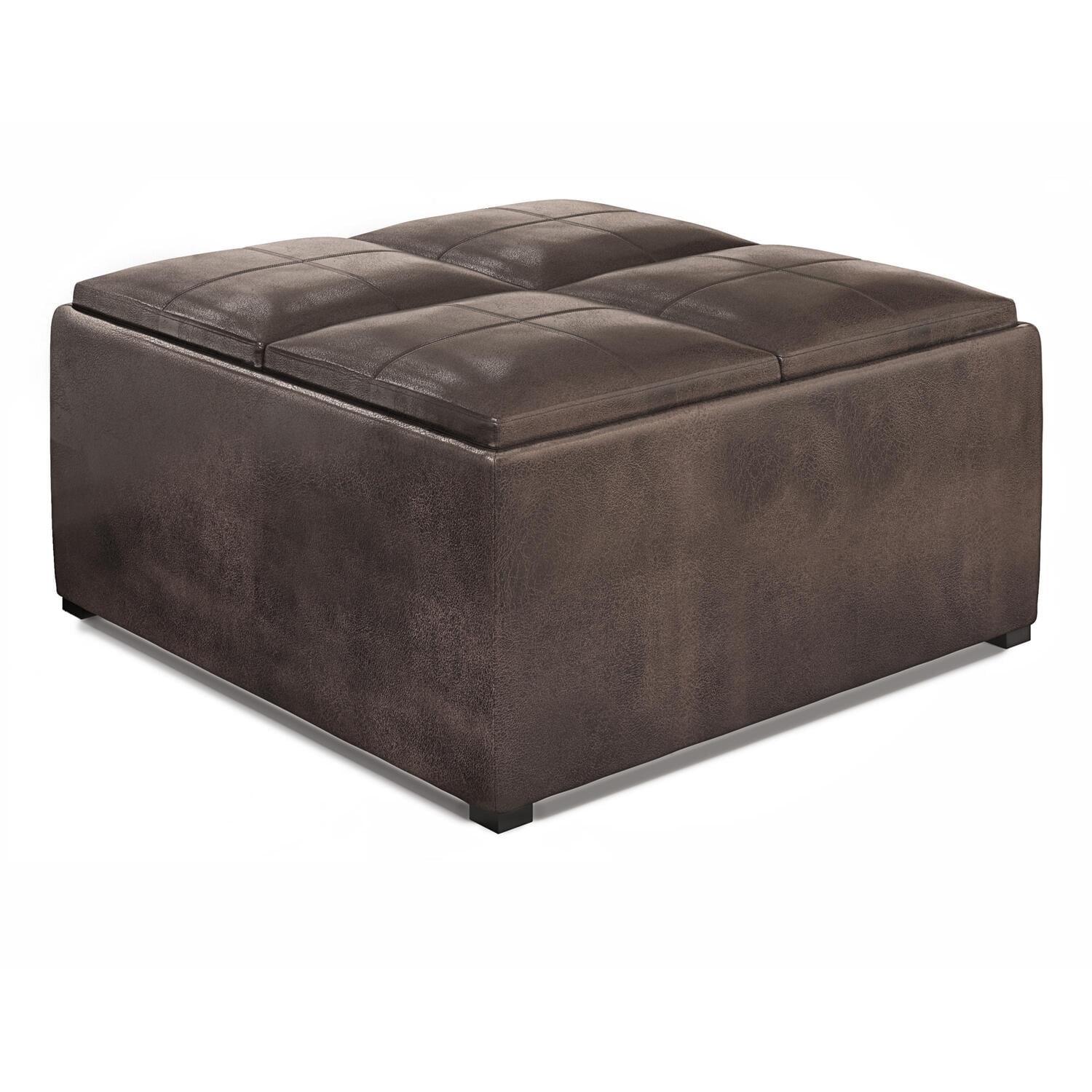 Distressed Brown Faux Leather Square Cocktail Ottoman with Tray