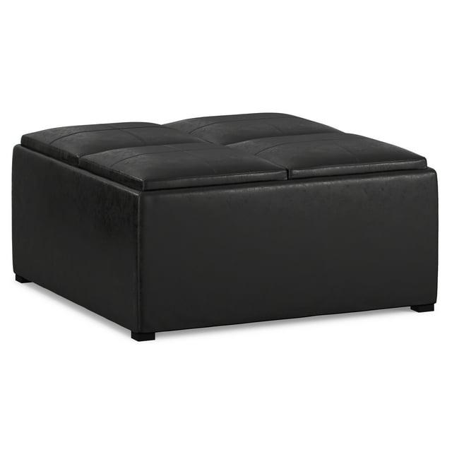 Simpli Home Avalon 35"W Upholstered Square Coffee Table Storage Ottoman with Flip-Over Trays