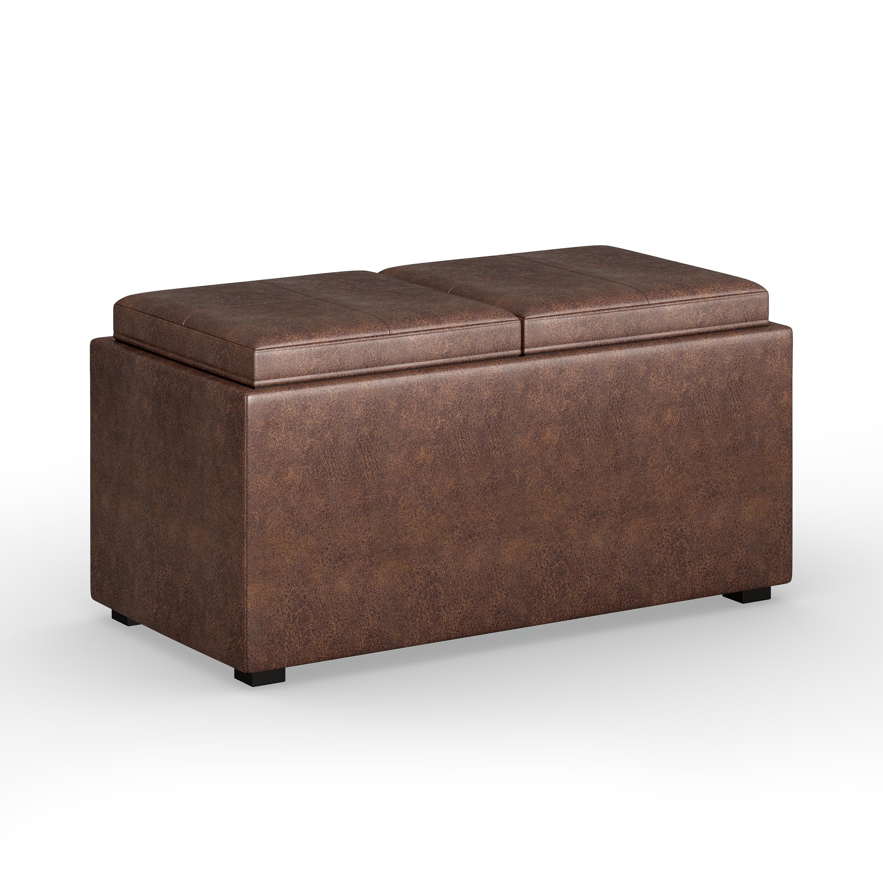 Simpli Home Avalon 35"W Upholstered Storage Ottoman Set with 5 Pieces and Flip-Over Serving Tray Lids