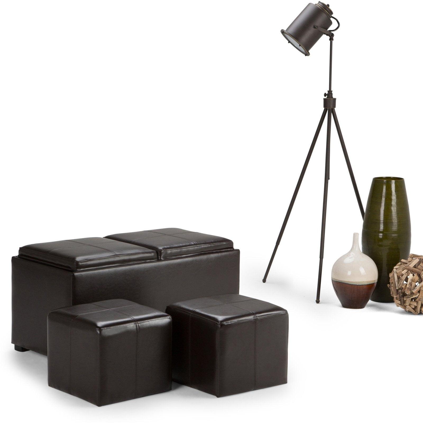 Simpli Home Avalon 35"W Upholstered Storage Ottoman Set with 5 Pieces and Flip-Over Serving Tray Lids