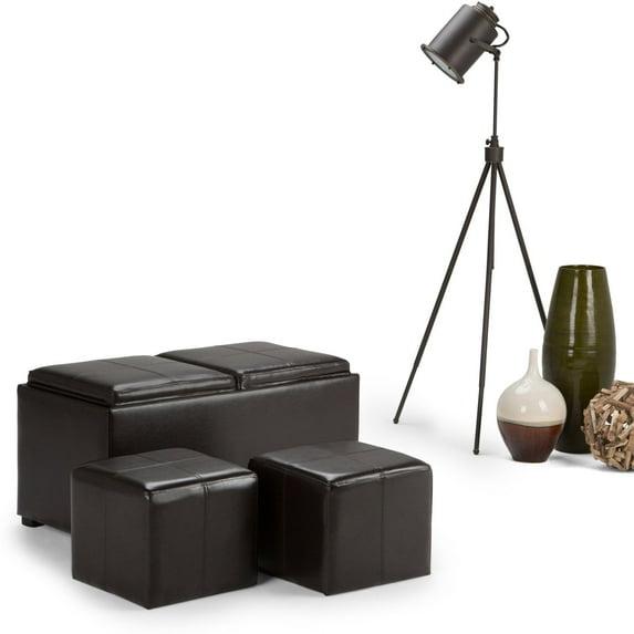 Simpli Home Avalon 35"W Upholstered Storage Ottoman Set with 5 Pieces and Flip-Over Serving Tray Lids