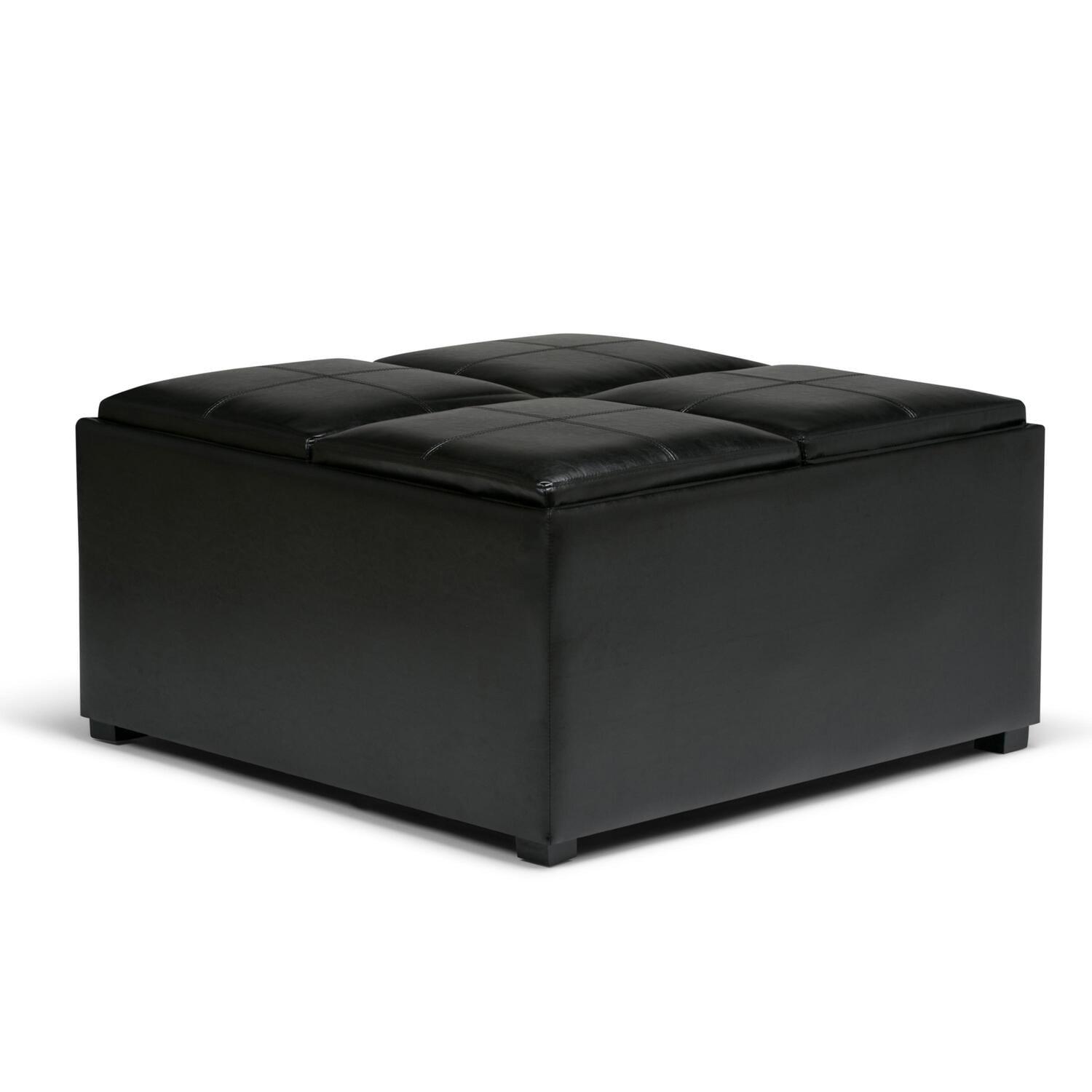 Midnight Black Faux Leather Coffee Table Ottoman with Trays