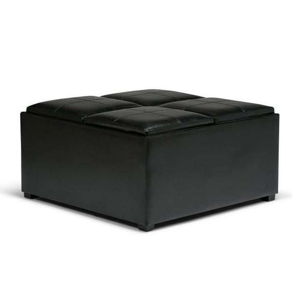 Simpli Home Avalon 35"W Upholstered Square Coffee Table Storage Ottoman with Flip-Over Trays