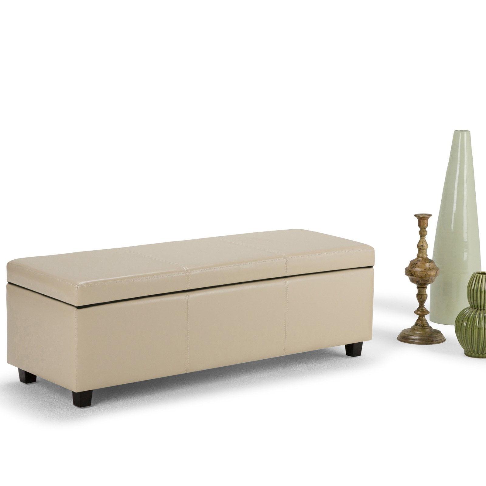 Satin Cream Vegan Faux Leather 48" Rectangular Storage Ottoman