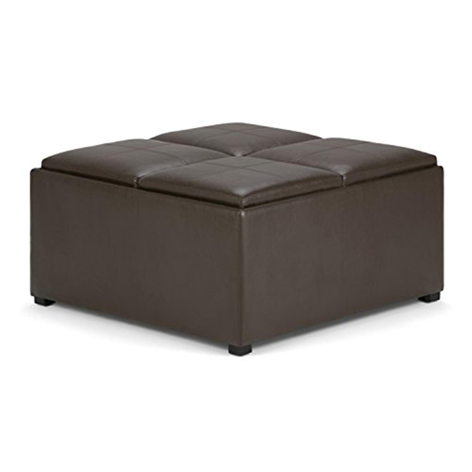 Simpli Home Avalon 35"W Upholstered Square Coffee Table Storage Ottoman with Flip-Over Trays