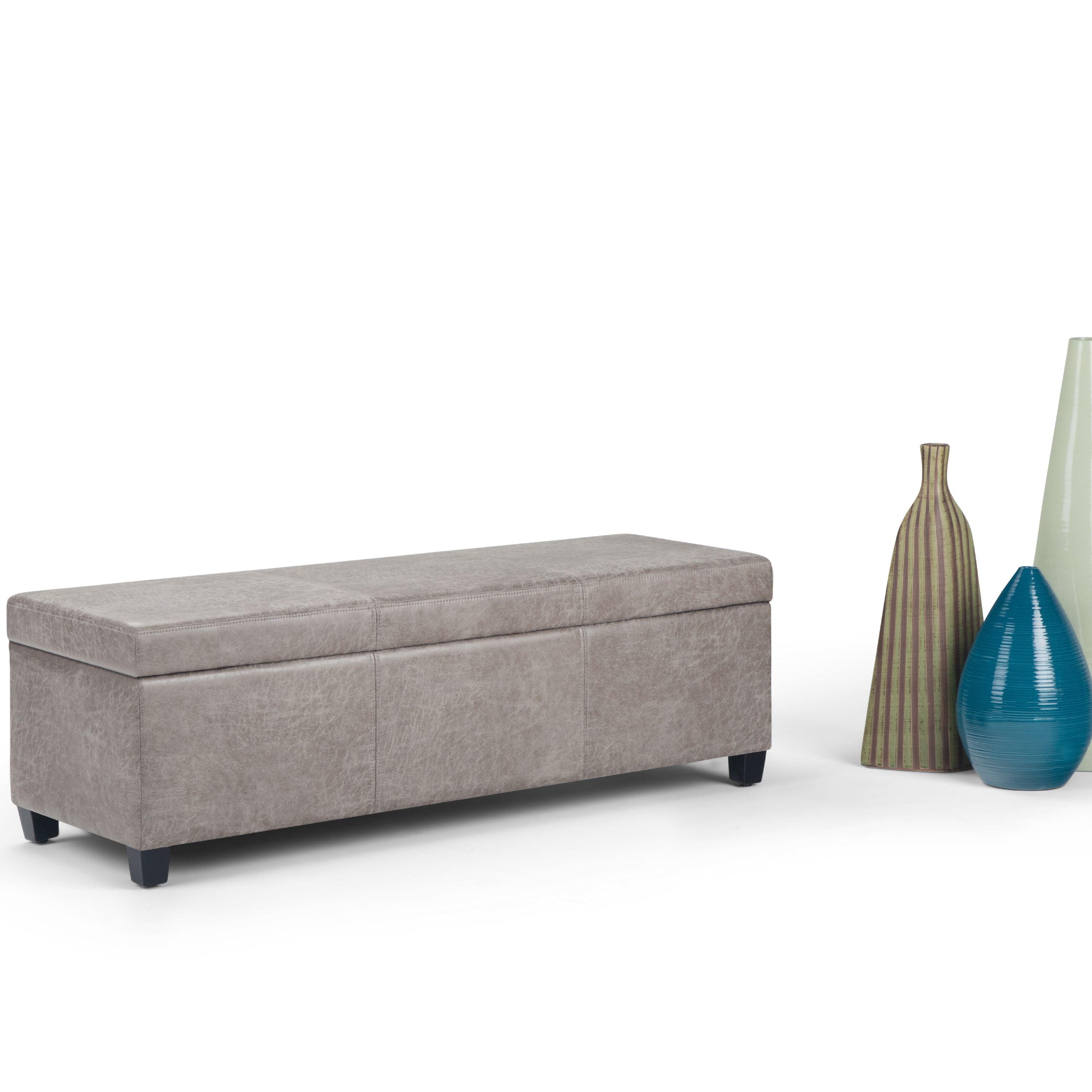 Simpli Home Avalon Storage Ottoman Bench In Distressed Grey Taupe Vegan Faux Leather