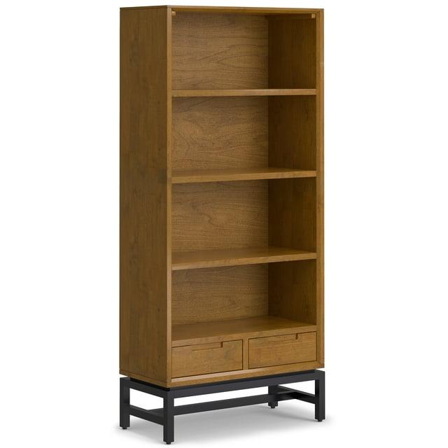 Banting 30"W Solid Wood 4 Shelf Industrial Bookcase with 2 Drawers, Adjustable Shelves, and Metal Base