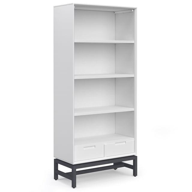 Simpli Home Banting 30"W Solid Wood 4 Shelf Industrial Bookcase with 2 Drawers, Adjustable Shelves, and Metal Base