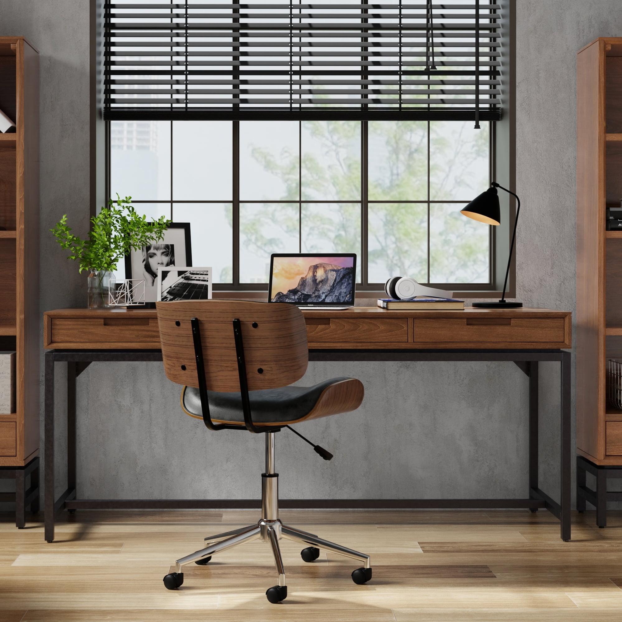 Simpli Home Banting Mid Century Wide Desk In Walnut Veneer