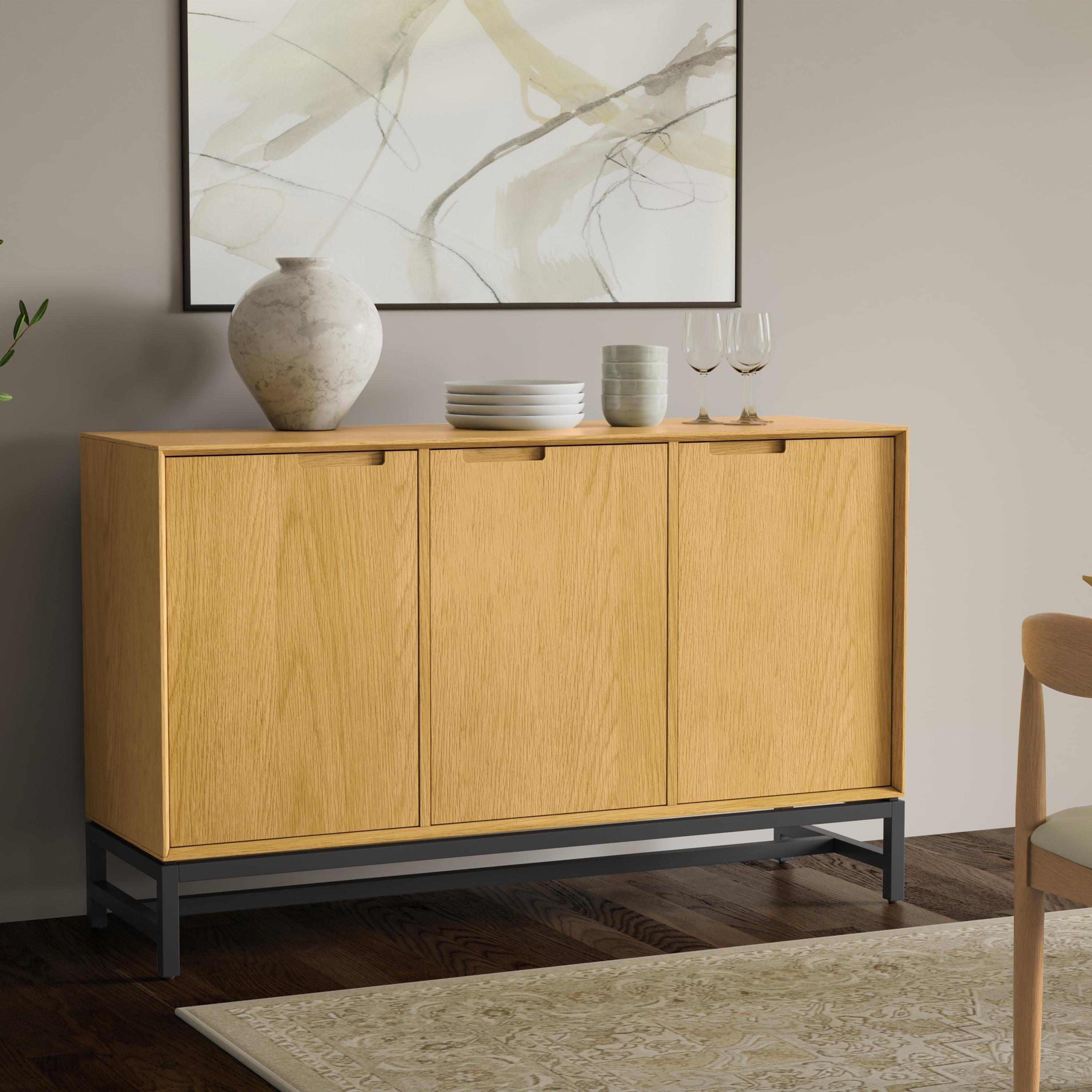 Simpli Home Banting and Metal 58 inch x 18 inch Rectangle Modern Industrial 3 Door Sideboard Buffet in Natural Oak