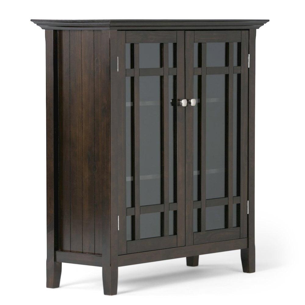 Simpli Home Bedford 39"W Solid Wood 4-Shelf Medium Storage Cabinet with Glass Doors and Adjustable Shelves