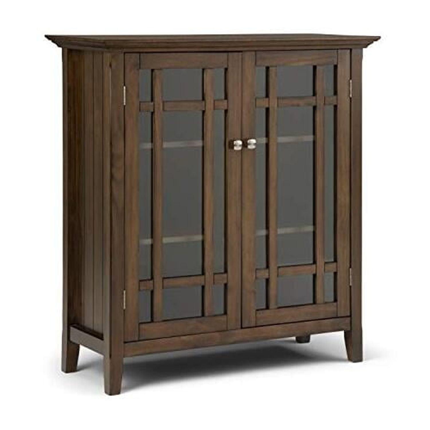 Simpli Home Bedford 39"W Solid Wood 4-Shelf Medium Storage Cabinet with Glass Doors and Adjustable Shelves