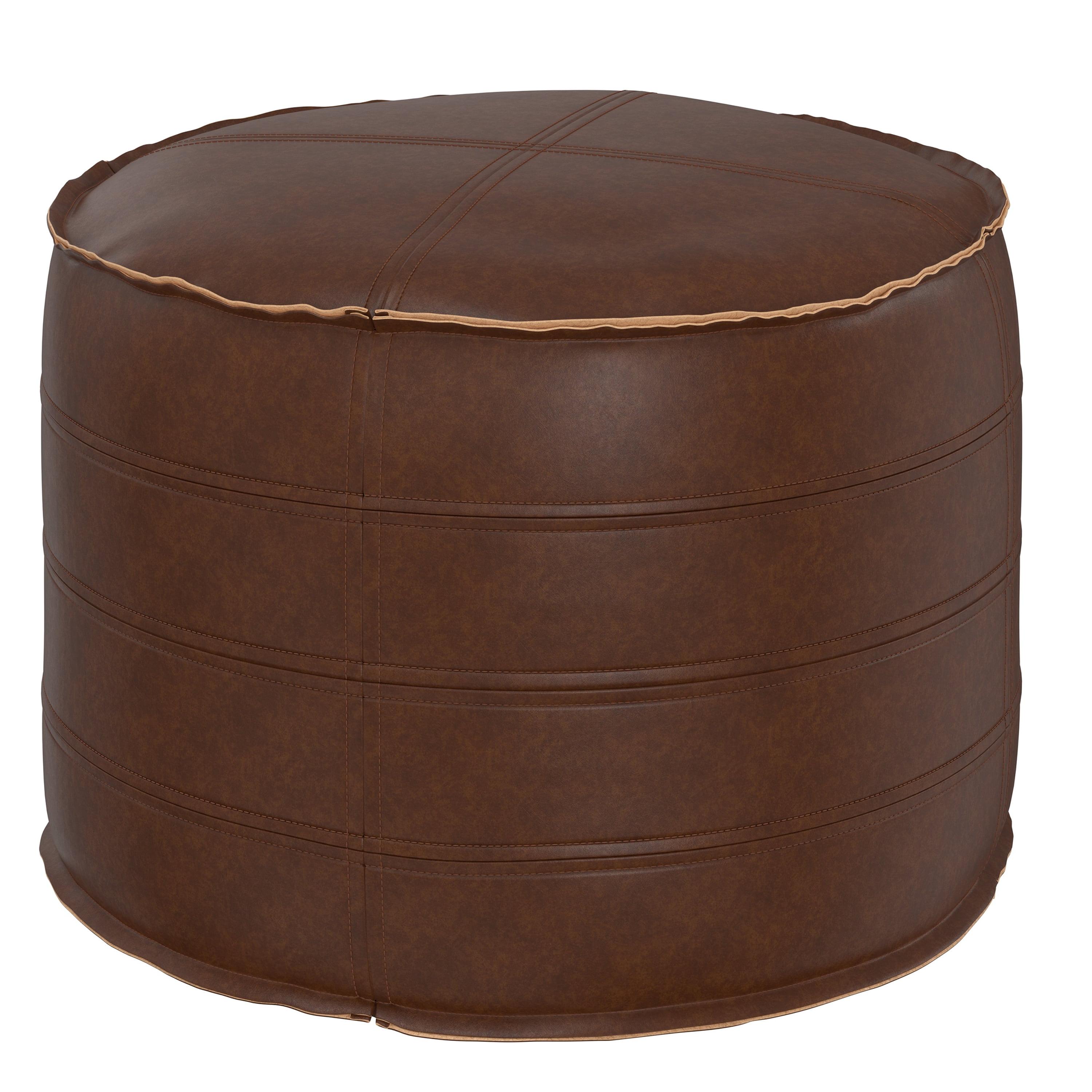 Brody Distressed Dark Brown Faux Leather Round Pouf, 20"