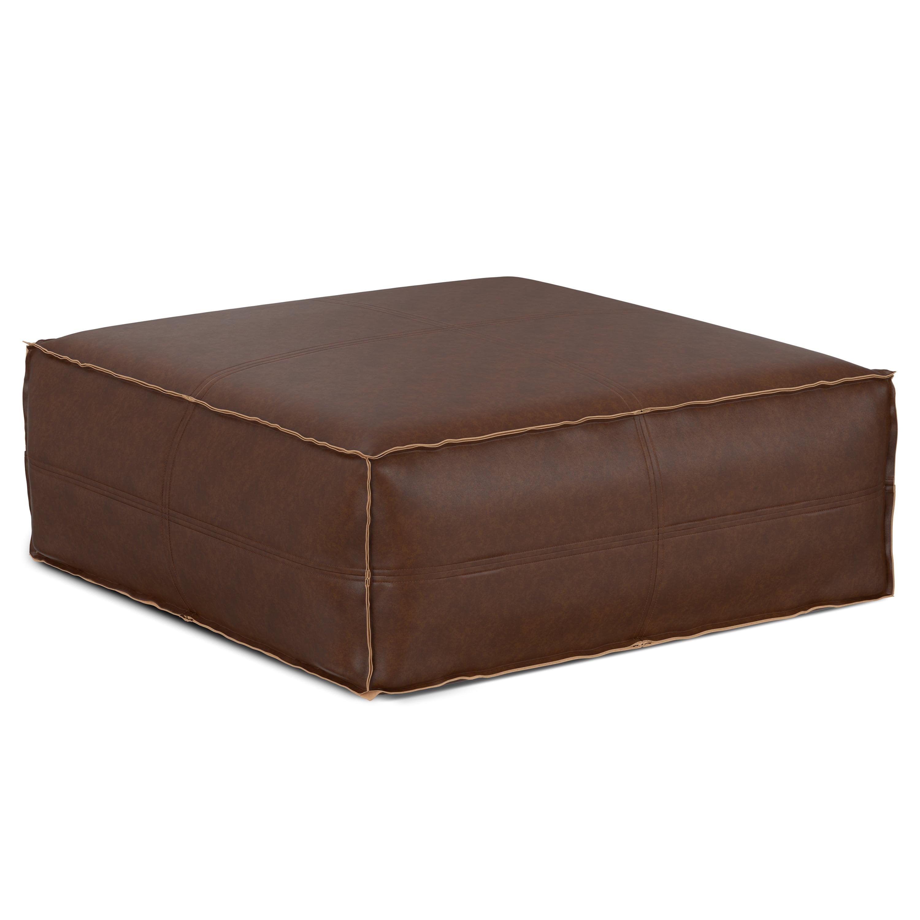 Brody Distressed Dark Brown Faux Leather Square Pouf