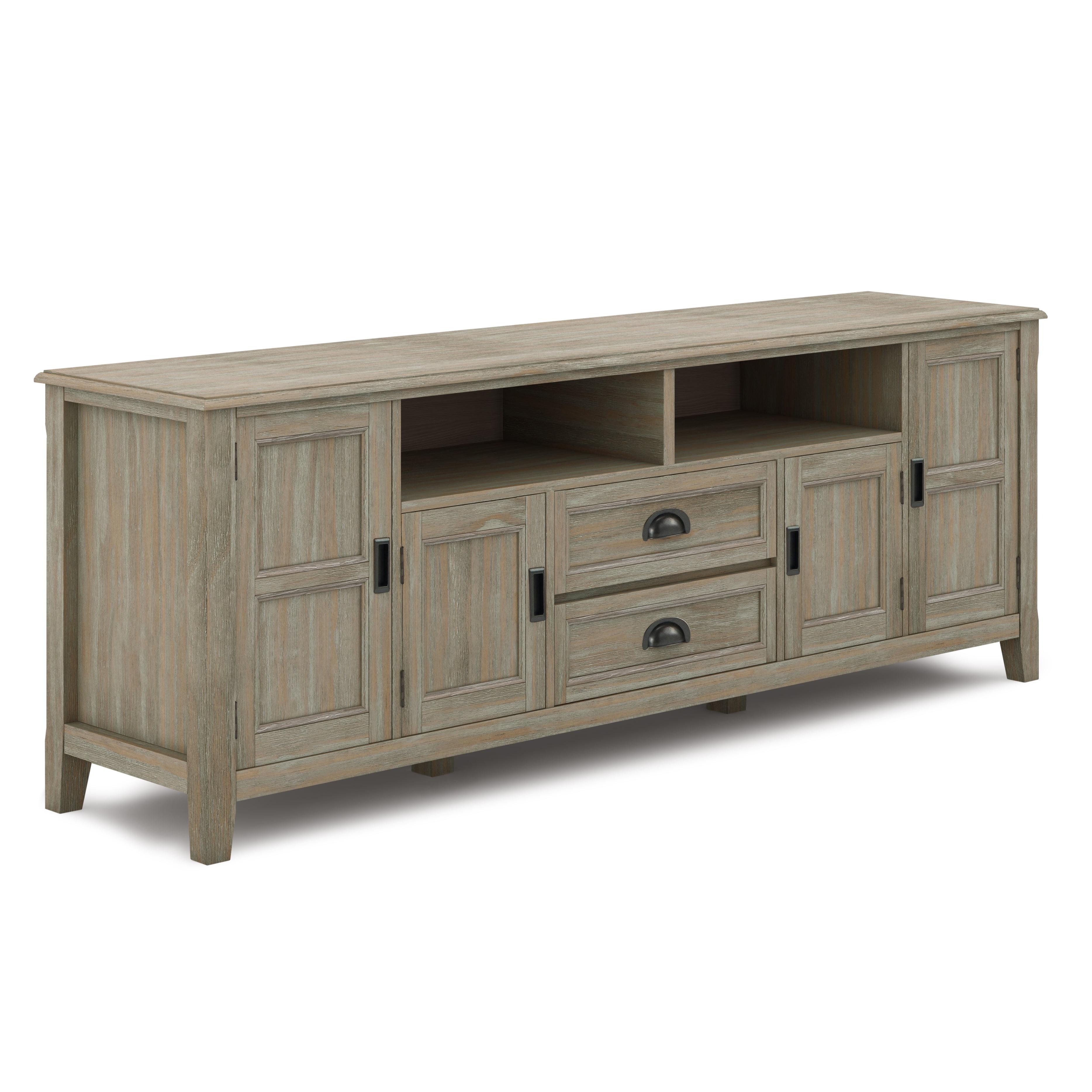 Burlington Solid Pine 72" TV Media Stand in Distressed Grey with Cabinet