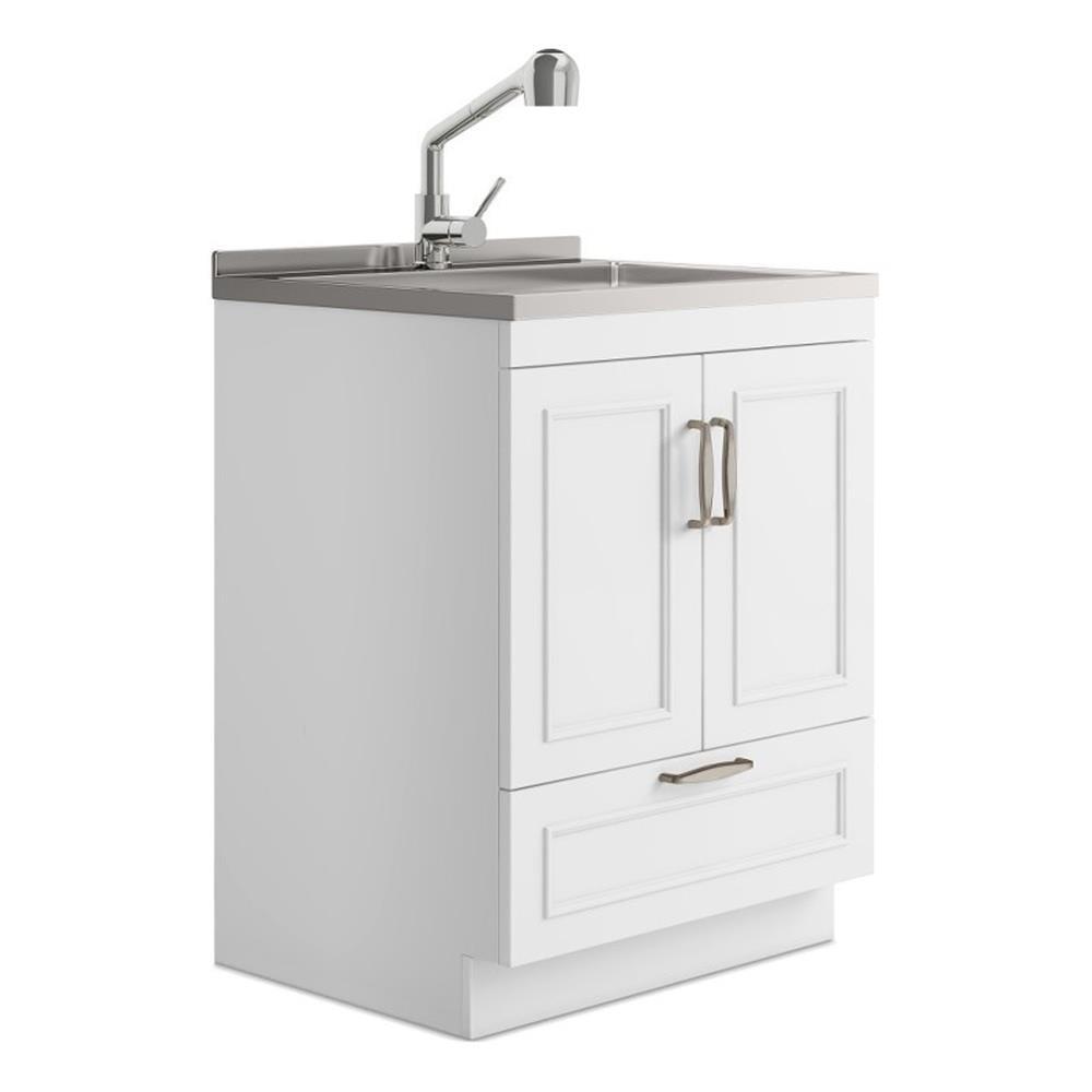 White 28-Inch Laundry Cabinet with Stainless Steel Sink