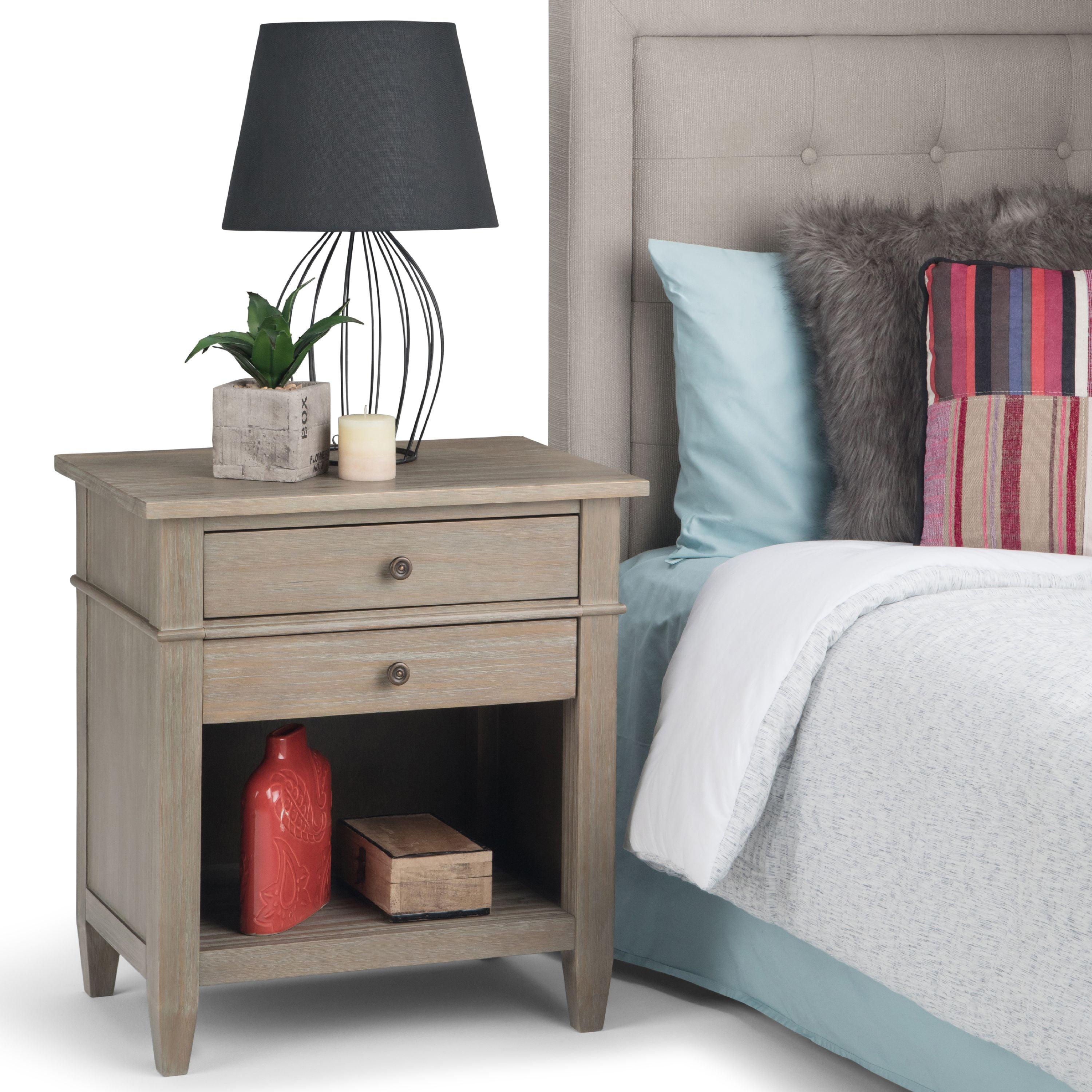 Distressed Gray Solid Wood 2-Drawer Nightstand with Open Shelf