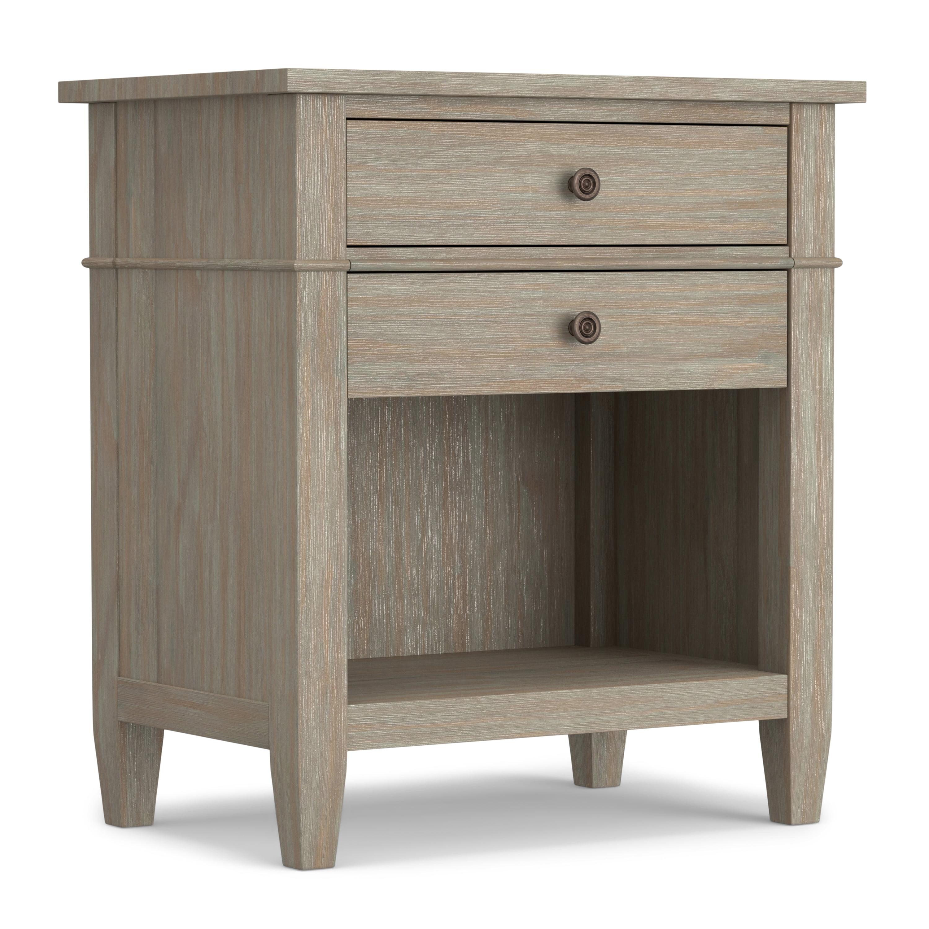 Distressed Gray Solid Wood 2-Drawer Nightstand with Open Shelf