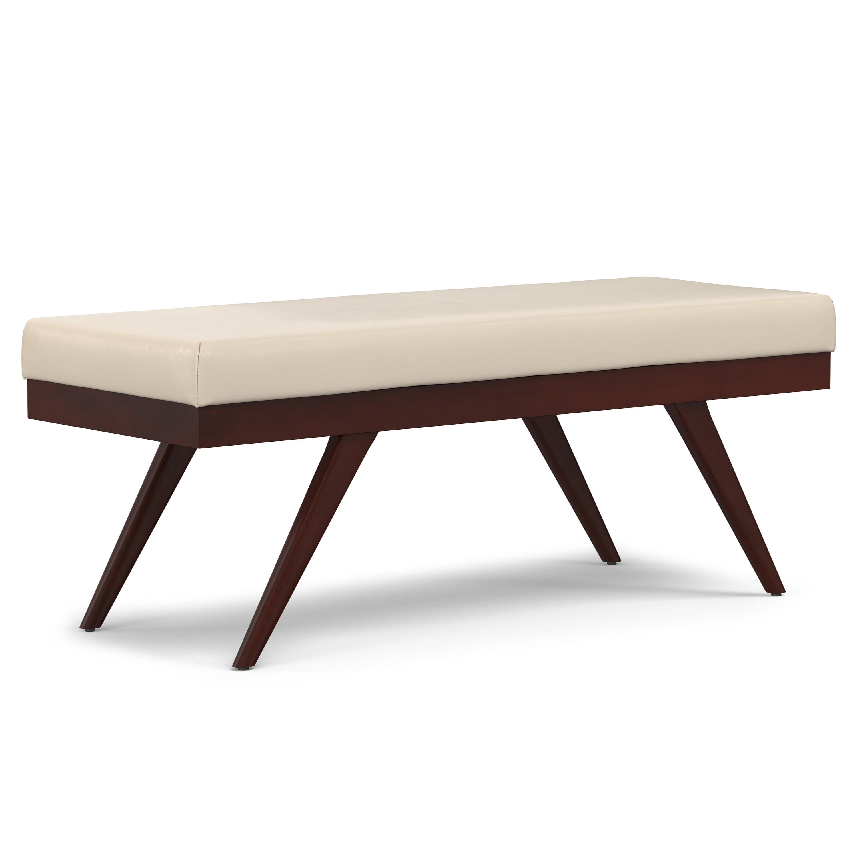 Chanelle 48" Satin Cream Faux Leather Mid-Century Ottoman Bench