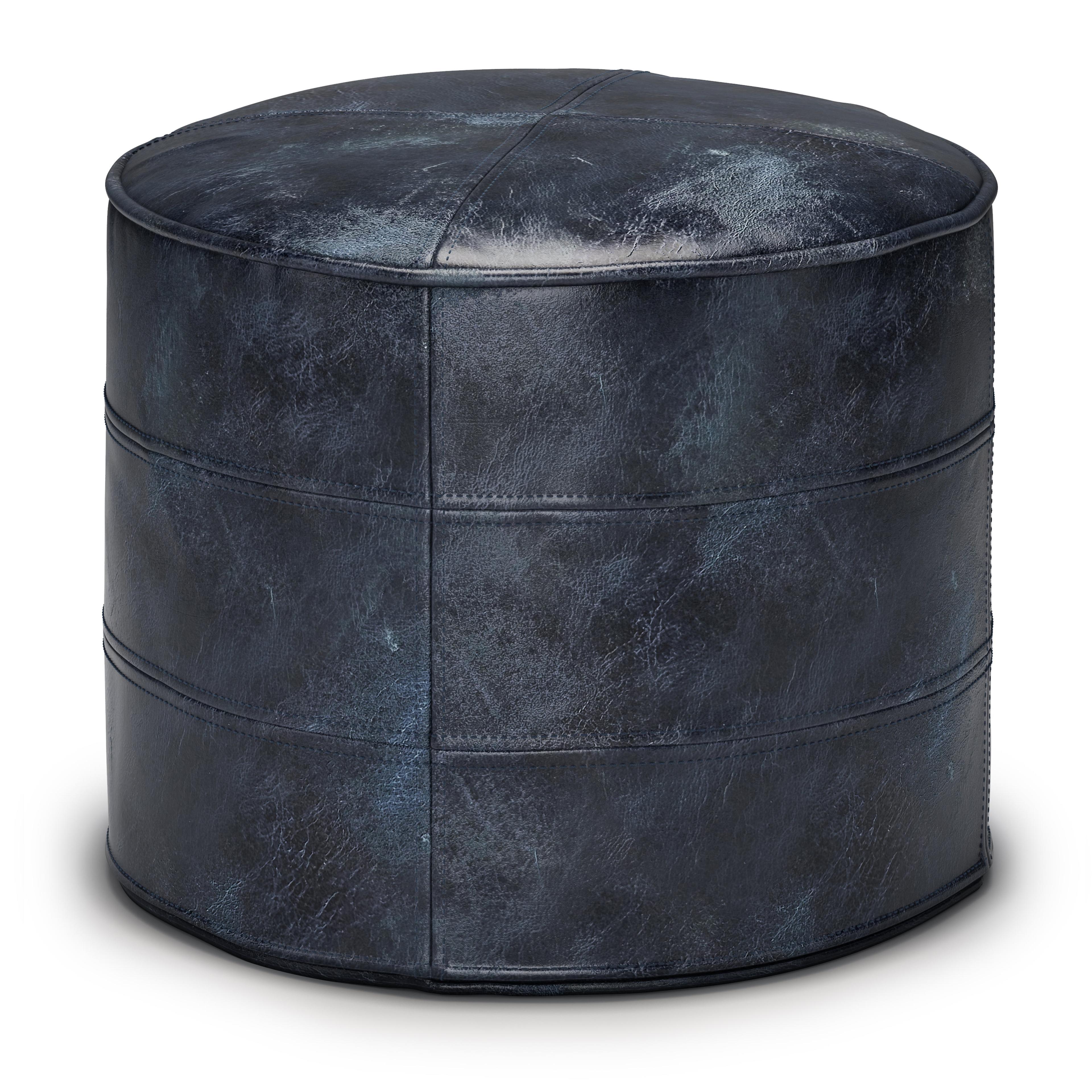 Connor Distressed Navy Blue Genuine Leather Round Pouf