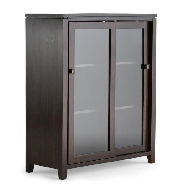 Simpli Home Cosmopolitan 36"W Solid Wood 4-Shelf Contemporary Medium Storage Cabinet with Sliding Glass Doors