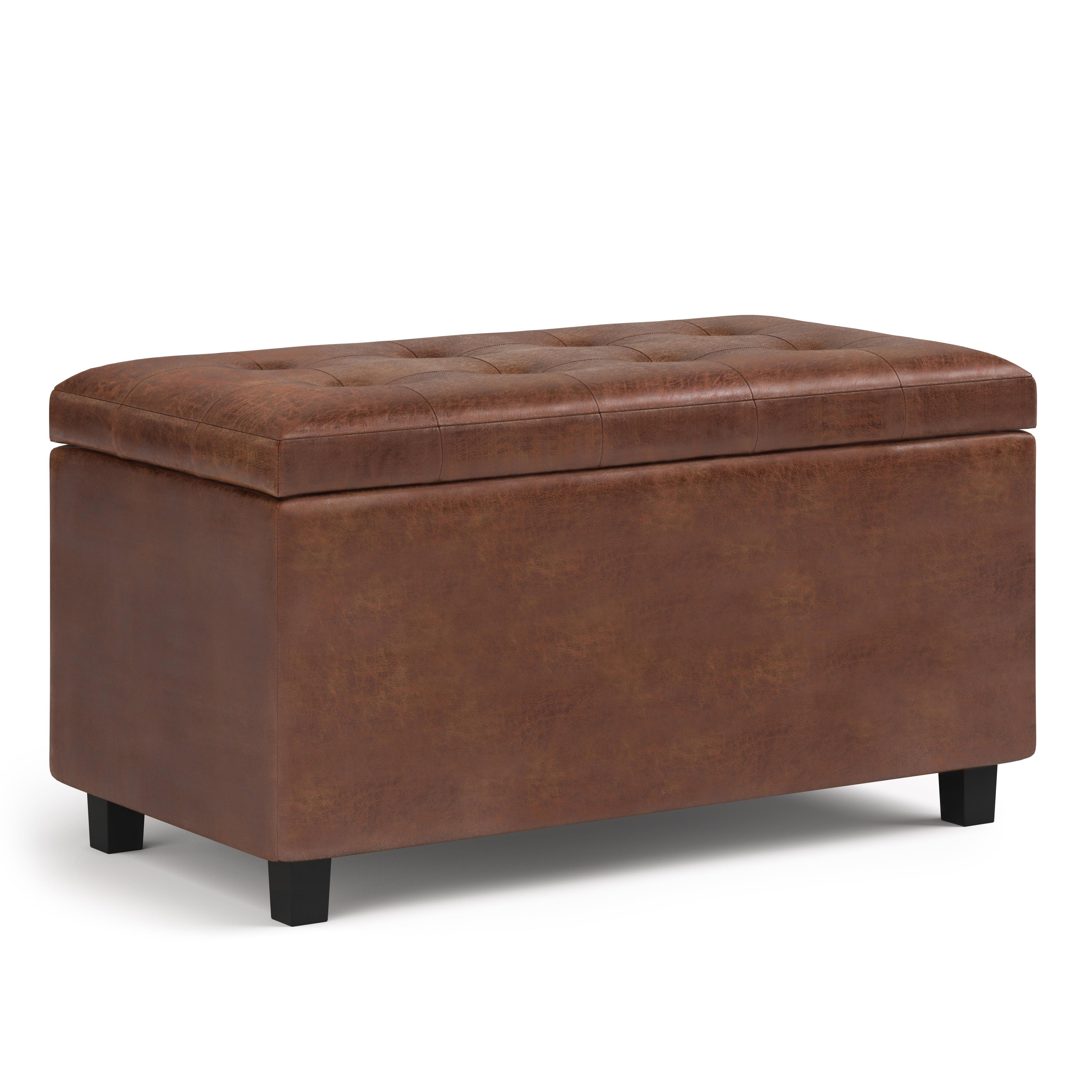Simpli Home Cosmopolitan 34"W Upholstered Storage Ottoman with Tufted Design and Large Interior Storage