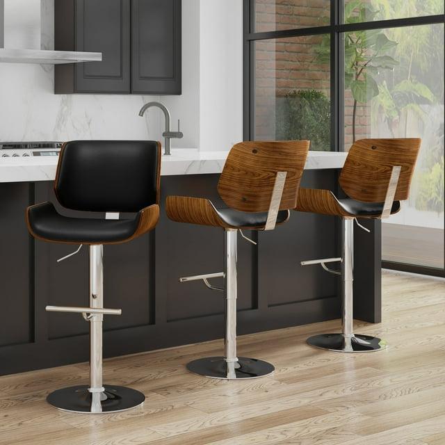 Simpli Home Dixie Adjustable Swivel Upholstered Mid-Century Modern Bar Stool with Bentwood Frame and Footrest